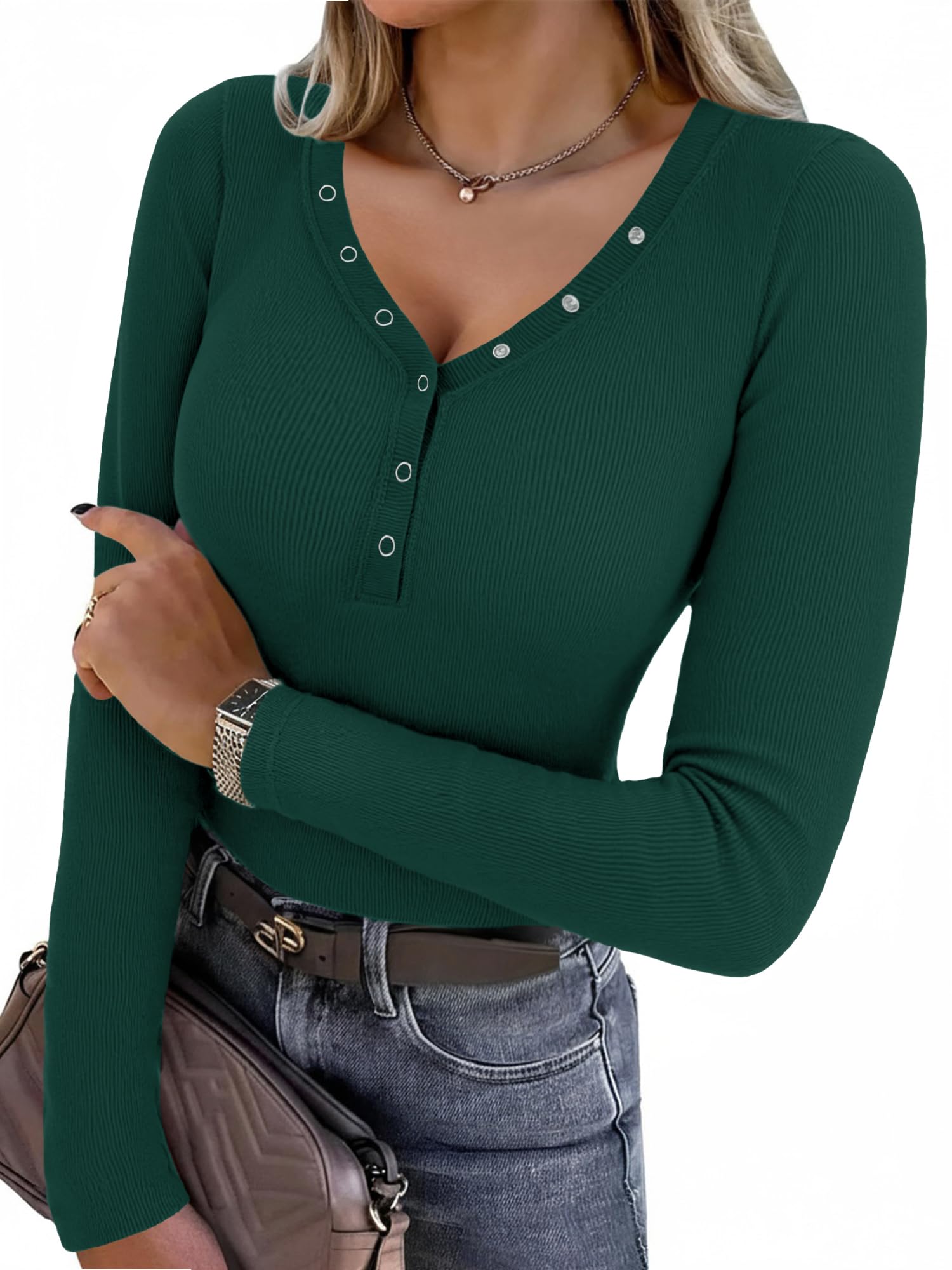 Aottori Langarmshirt Damen V-Ausschnitt mit Knöpfen Slim Fit Oberteile Gerippt Stretch Pullover Dünn Elegant Henley Shirt Langarm Basic Tops