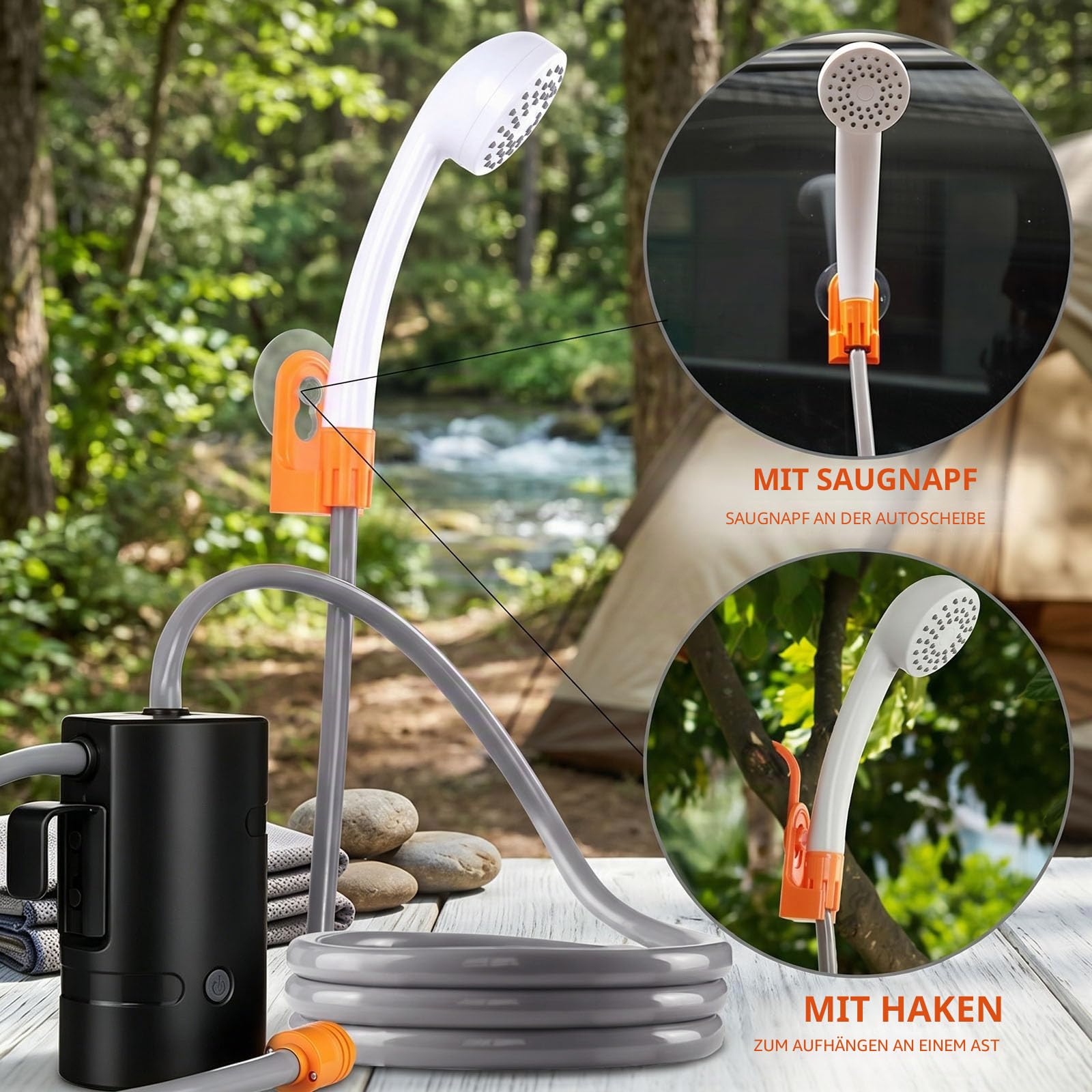 tragbare Außendusche, IPX7 wasserdicht, mit LED-Licht, 4400mhA Batterie, USB-Aufladung, elektrische Duschpumpe+20L Wassertasche, geeignet für Wandern/Backpacking, Camping, Strand, Haustiere