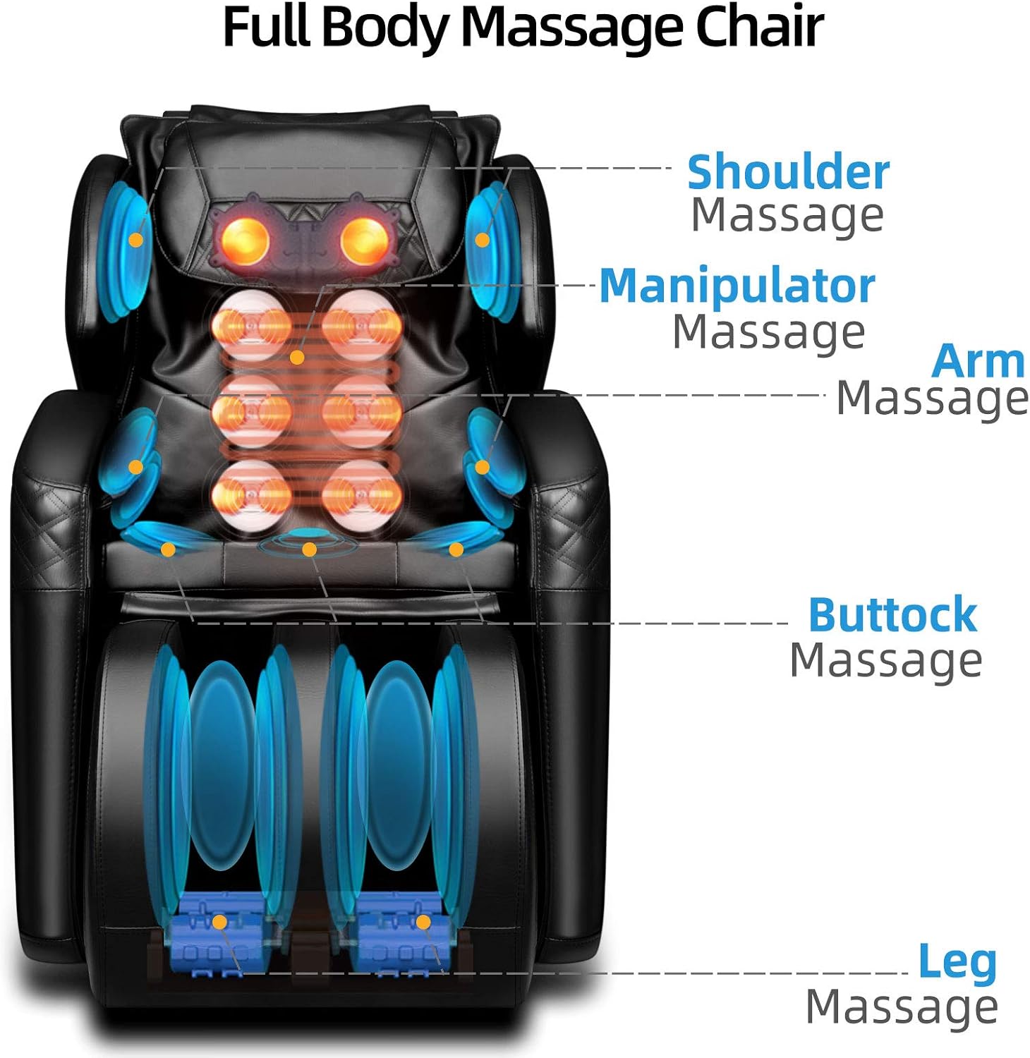 Diagram illustrating massage areas of the OOTORI N500pro Massage Chair, including shoulder, manipulator, arm, buttock, and leg massage.