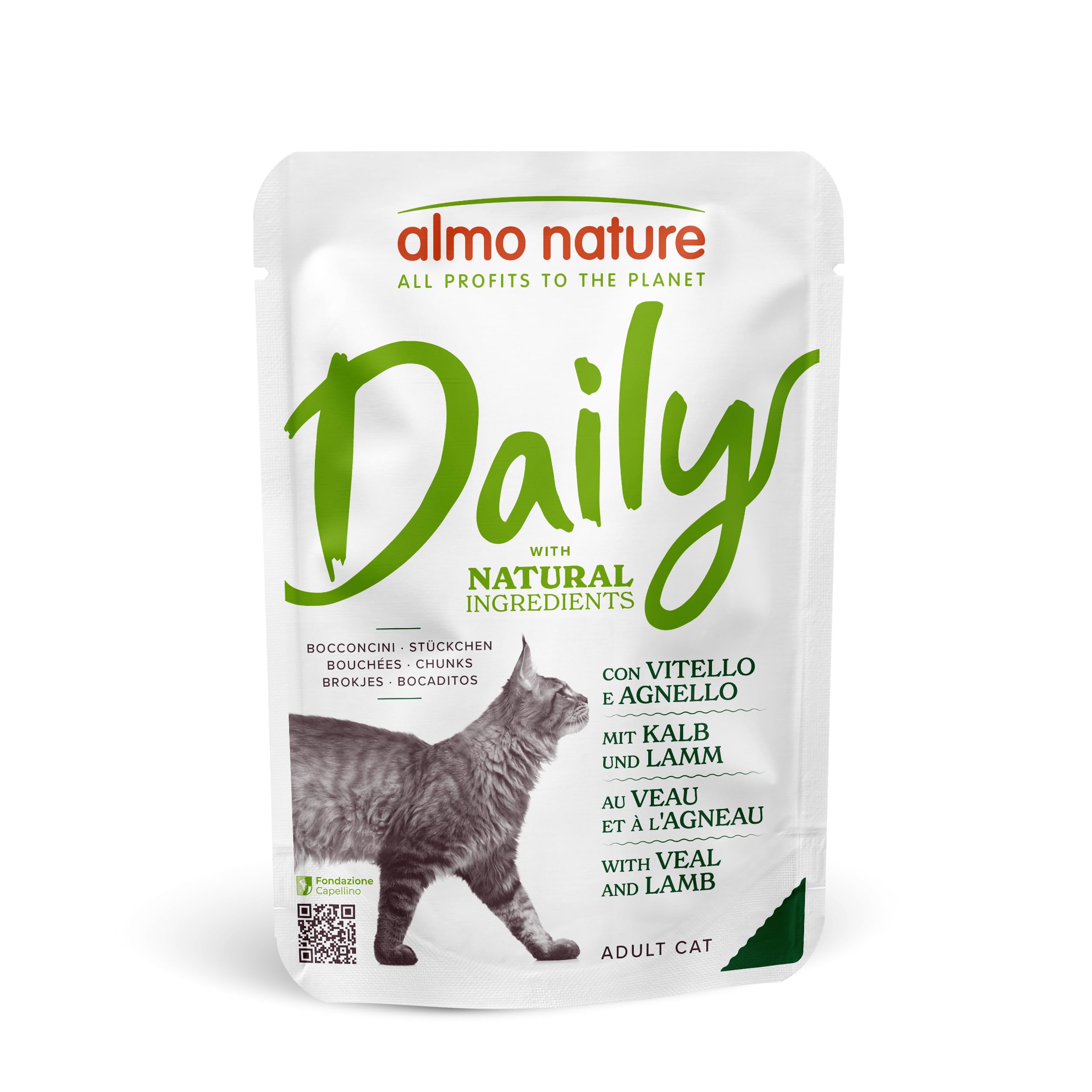 Daily - Complete Wet Cat Food for Adult Cats - Chunks - with Veal and Lamb - NON-GMO, Presertive-Free - Pouches, 70g (Pack of 30)