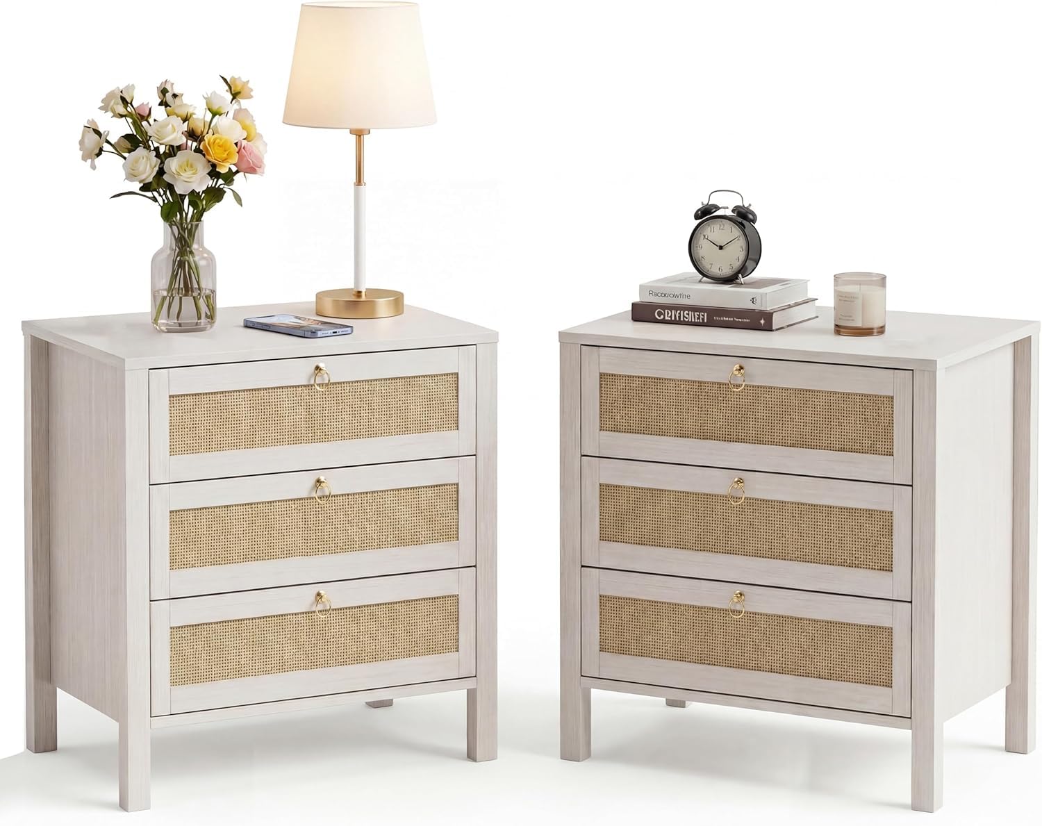 Photo 1 of **PARTS ONLY** BouPower White Nightstand Set of 2, Rattan Bedside Table with Golden Handle, 3 Drawers Nightstands, Large Wicker Side Table, Boho Wood Night Stand for Bedroom, Living Room