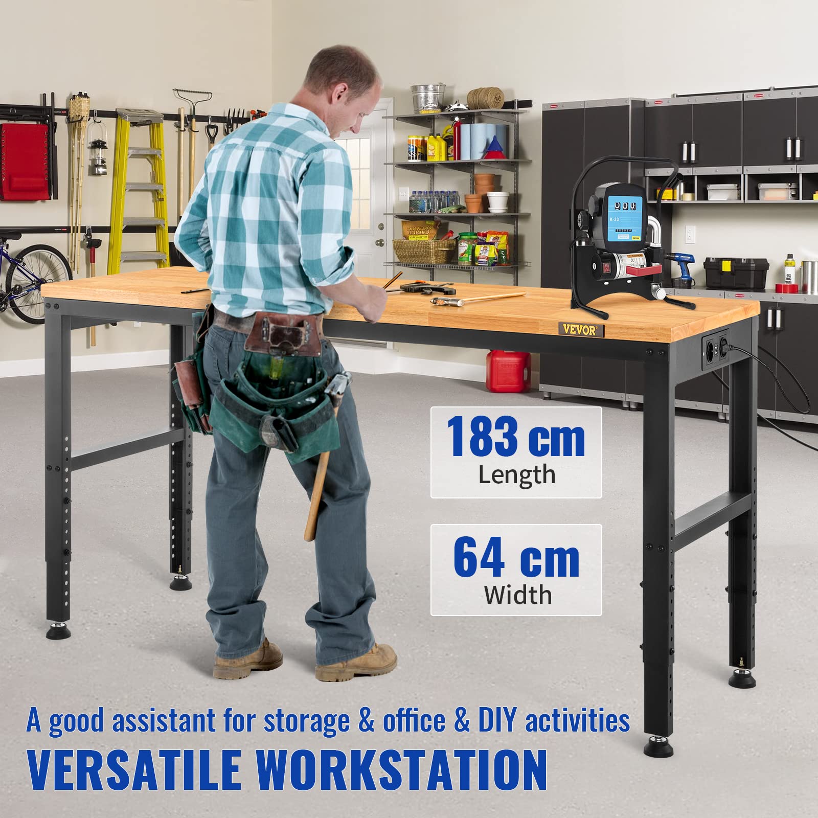 VEVOR Établi Garage Atelier Tavolo da lavoro 183x64x97 cm Altezza regolabile 72-97 cm, Piano in legno duro Quadro in acciaio, Multifunzionale Robusto per la riparazione Bricolage