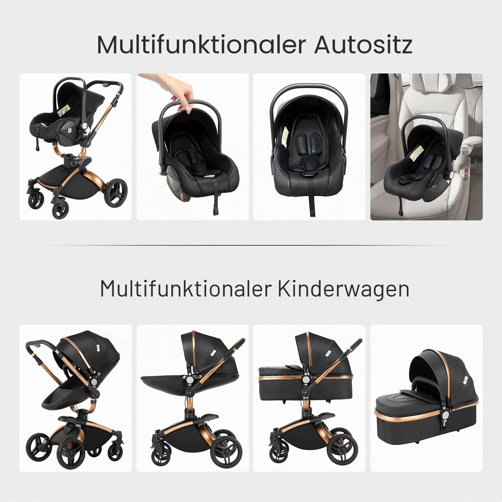 PU-Leder Kinderwagen 3 in 1, Buggy mit Verstellbarem Sitz 360° Drehbar, Kinderwagen Faltbarem Tragbarem One-Click-Design, Kinderwagens 3 in 1 Komplettset Zubehör Hohe Landschaft (906 White)