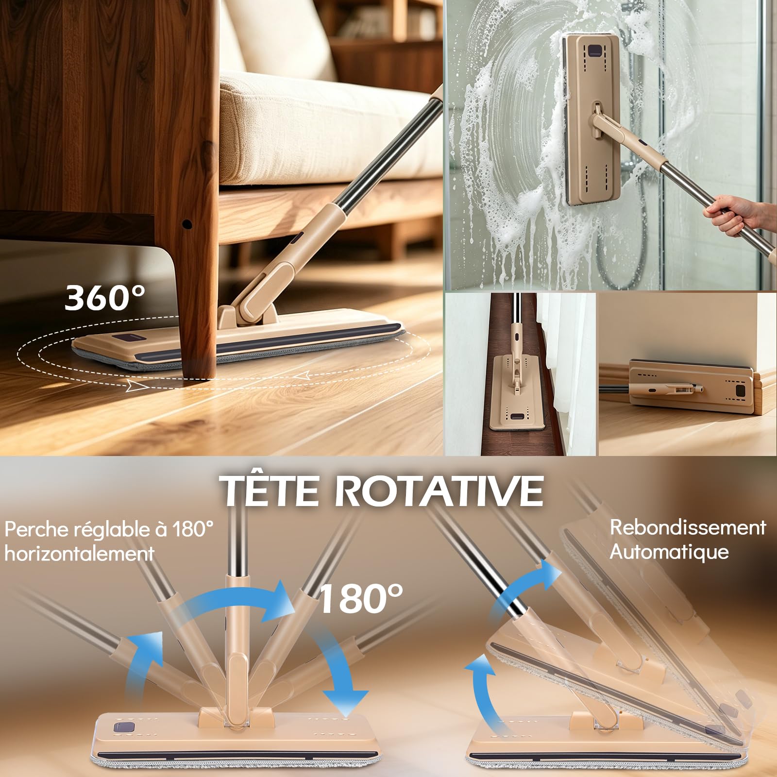 MASTERTOP Balai Serpillière et Seau Essoreur, Balai Microfibre Rotatif 360° et Seau à 2 Compartiments, Serpillière de Mains Libre pour Nettoyage de Sol, avec 6 Tampons Réutilisables (Beige)