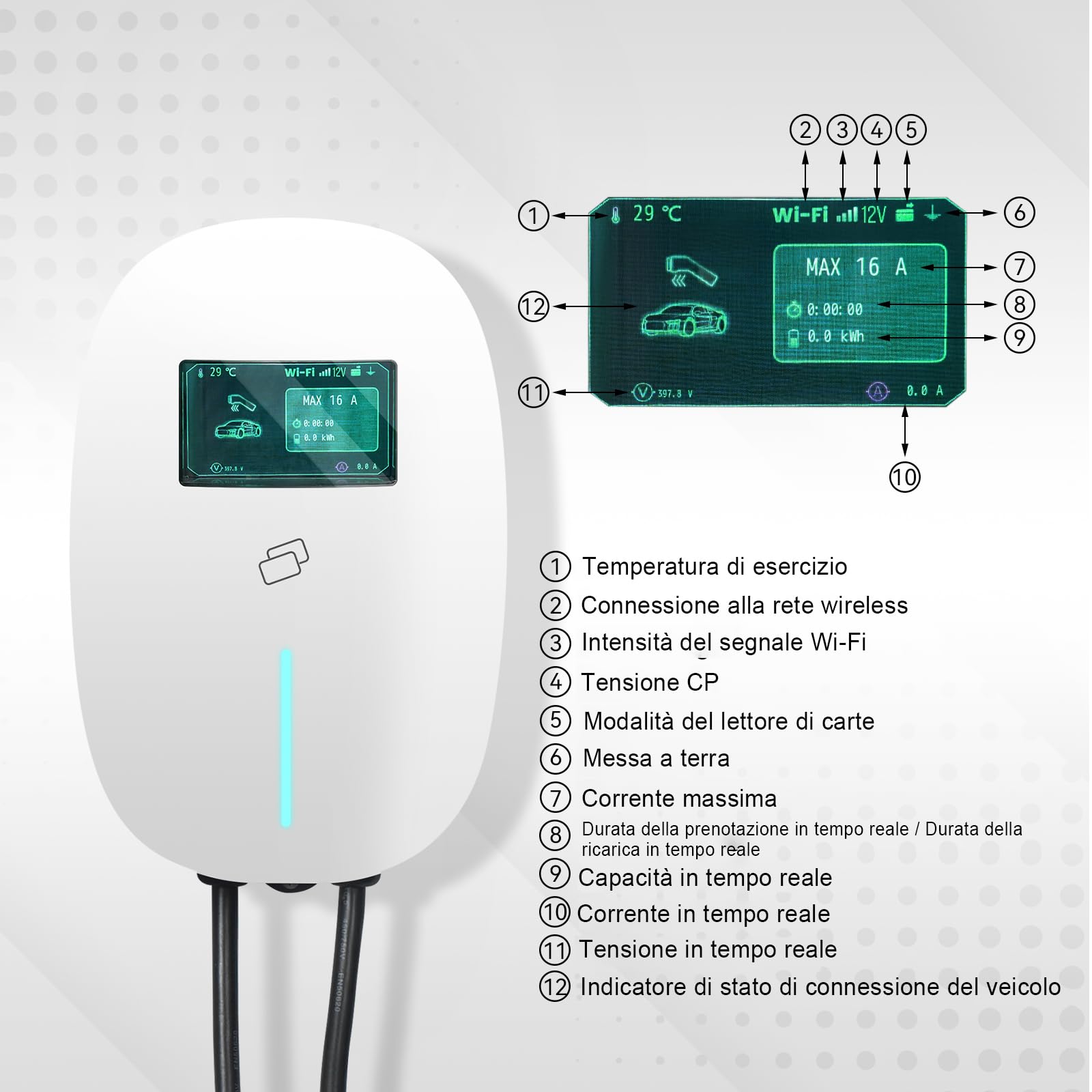 YU YUSING Columna de carga de coche eléctrico 11 kW, 7 m cable carga coche eléctrico tipo 2, 6-16 A Wallbox trifásico, carga coche eléctrico con Schuko, contra APP, LCD digital y soporte, IP65, blanco