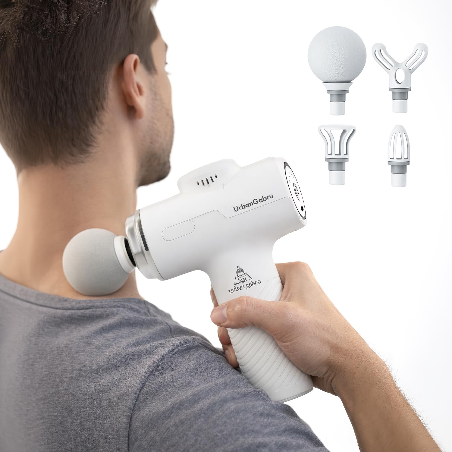 UrbanGabru Pain Relief Massage Gun | Massager Machine | Deep Tissue Massager Gun | Full Body Pain Relief - Back, Shoulders & Legs | 4 Massage Heads | 6 Speed Intensity | Rechargeable, Cordless (White)-image-1