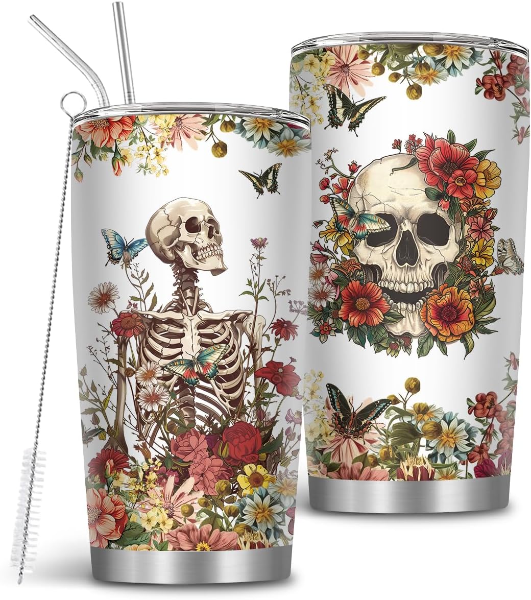 Skull Tumbler, Horror Gifts for Skull Lover Men Women, 20 Oz Horror Wicked Spooky Flower Travel Coffee Tumbler Cup with Straw & Brush, Christmas Birthday Thanksgiving Gifts, 1 PCS