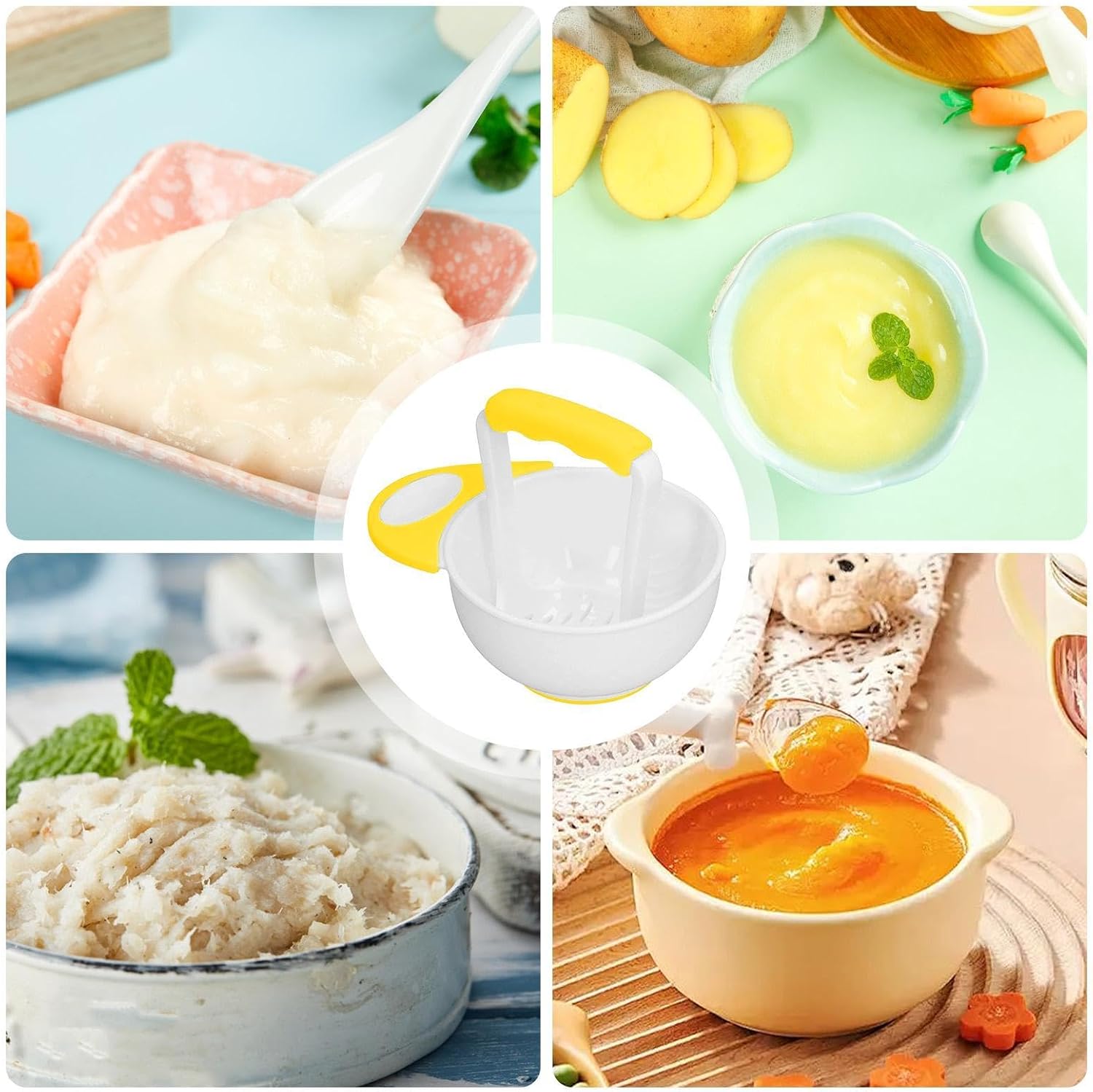 Food Mash Bowl - Vegetable Crusher with Grinding Rod - Non-Slip Food Mill Bowl, Anti-Scalding Crusher for Kids