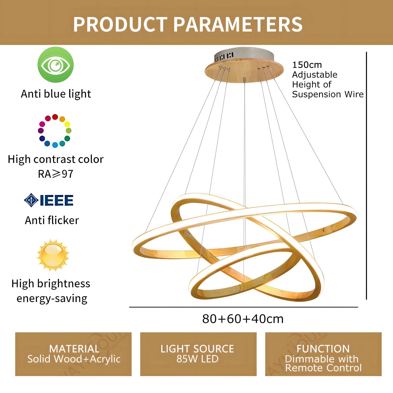 Holz LED Kronleuchter, Deckenleuchte, Dimmbare 3 Ring Holzleuchte, Verstellbare Kreis Pendelleuchte Kücheninsel Esszimmer Wohnzimmer Foyer Zum Aufhängen 【40+60+80cm】