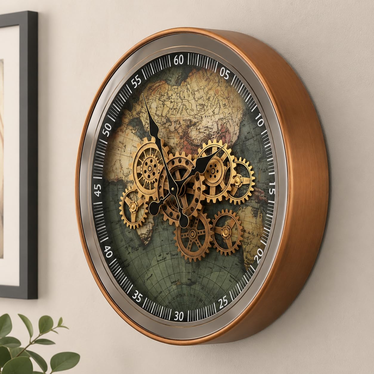 Orologio da parete in metallo con mappa del mondo, 23 pollici, con ingranaggi mobili reali | Orologio a specchio decorativo Steampunk per soggiorno moderno casale ufficio cucina Art Decor,Reloj De Pared Para Sala