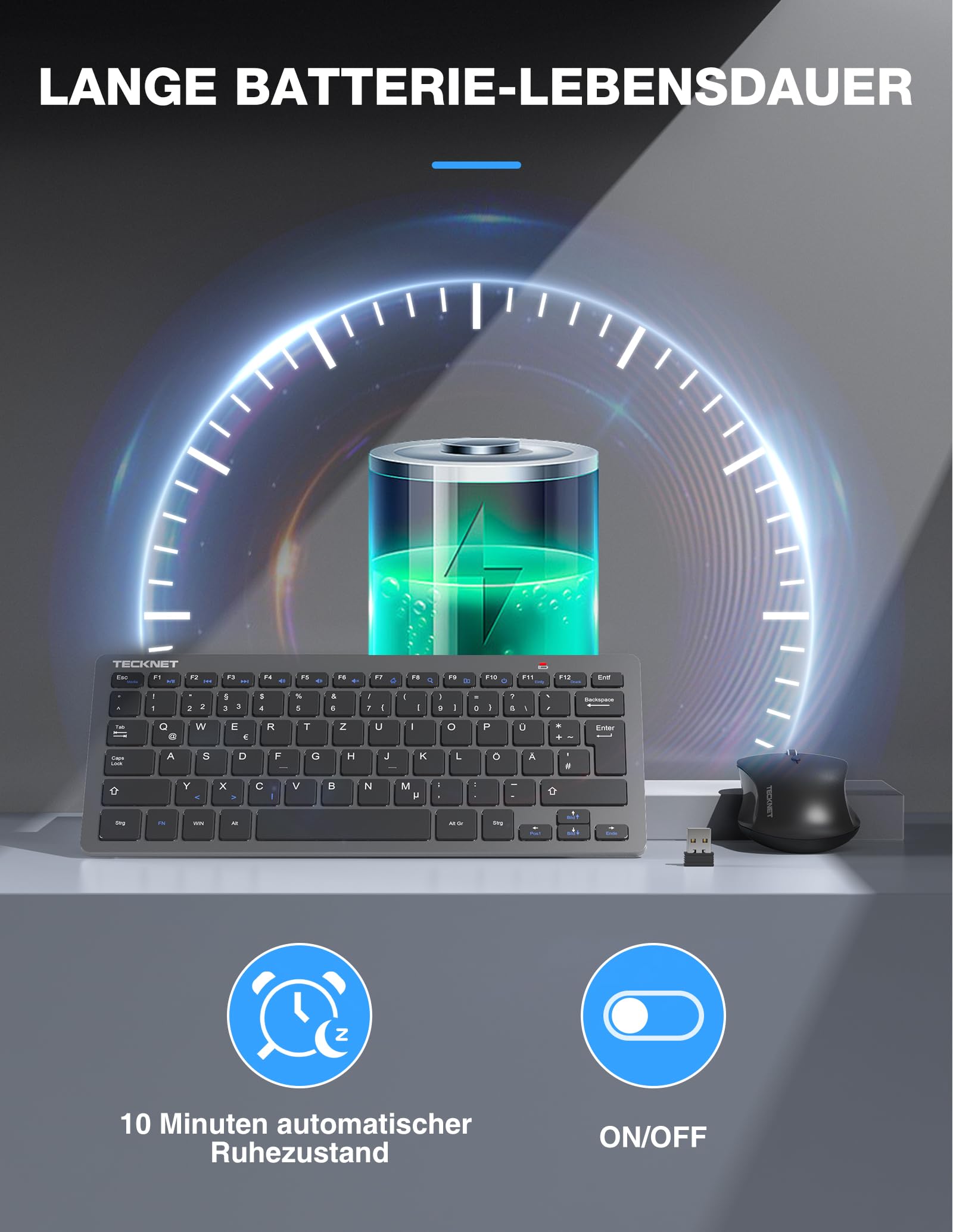 TECKNET Set senza fili, con layout tedesco QWERTZ, 2,4 GHz, mini tastiera radio mouse, connessione 15 m, tastiera wireless silenziosa con mouse per PC, laptop, Smart TV