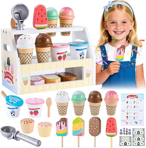 Juguetes de helado de madera para niños, juguetes de cocina de juego de cocina, juego de mesa de tamaño pequeño para niños pequeños con cucharada,