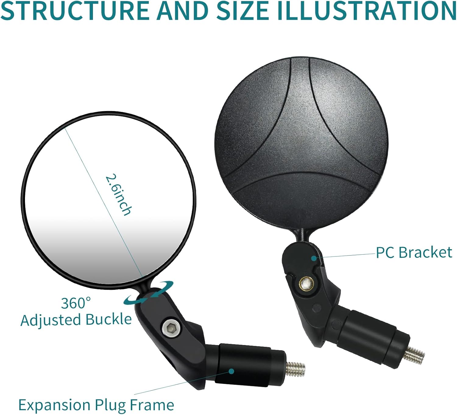 Bike Mirror, 2 Pcs 360˚ Rotatable Bar End Bicycle Mirrors for Handlebars, Wide Angle Convex Bike Mirrors Handlebar Rearview Mirror Bike Mirrors for Handlebar End Mount Mountain Road Adult Bike Cycling - Image 4