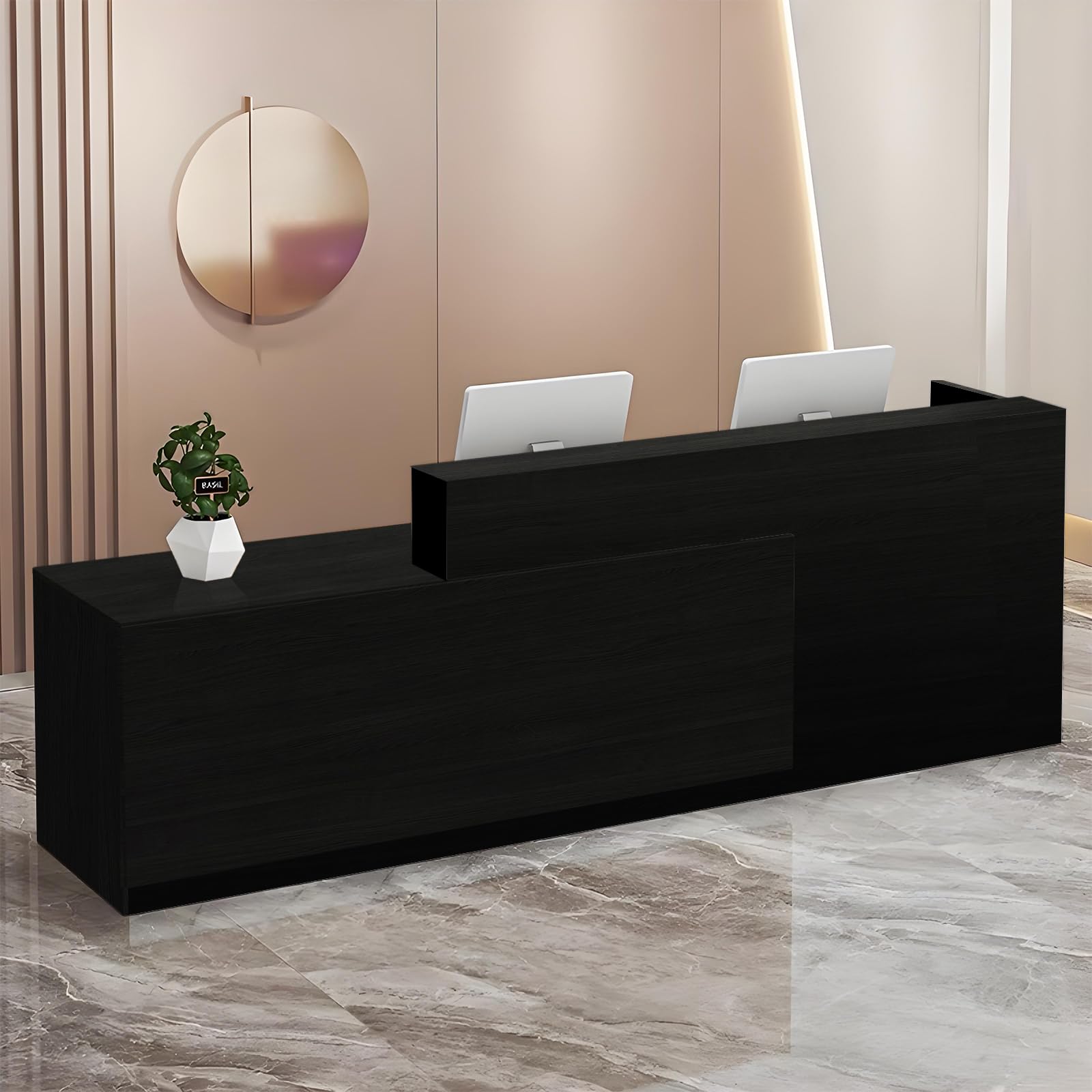 Modern Reception Desk with Storage Drawers and Open Shelves, 47-95 Inch Front Counter Table for Office, Salon, Lobby, Retail Store, or Home Workspace