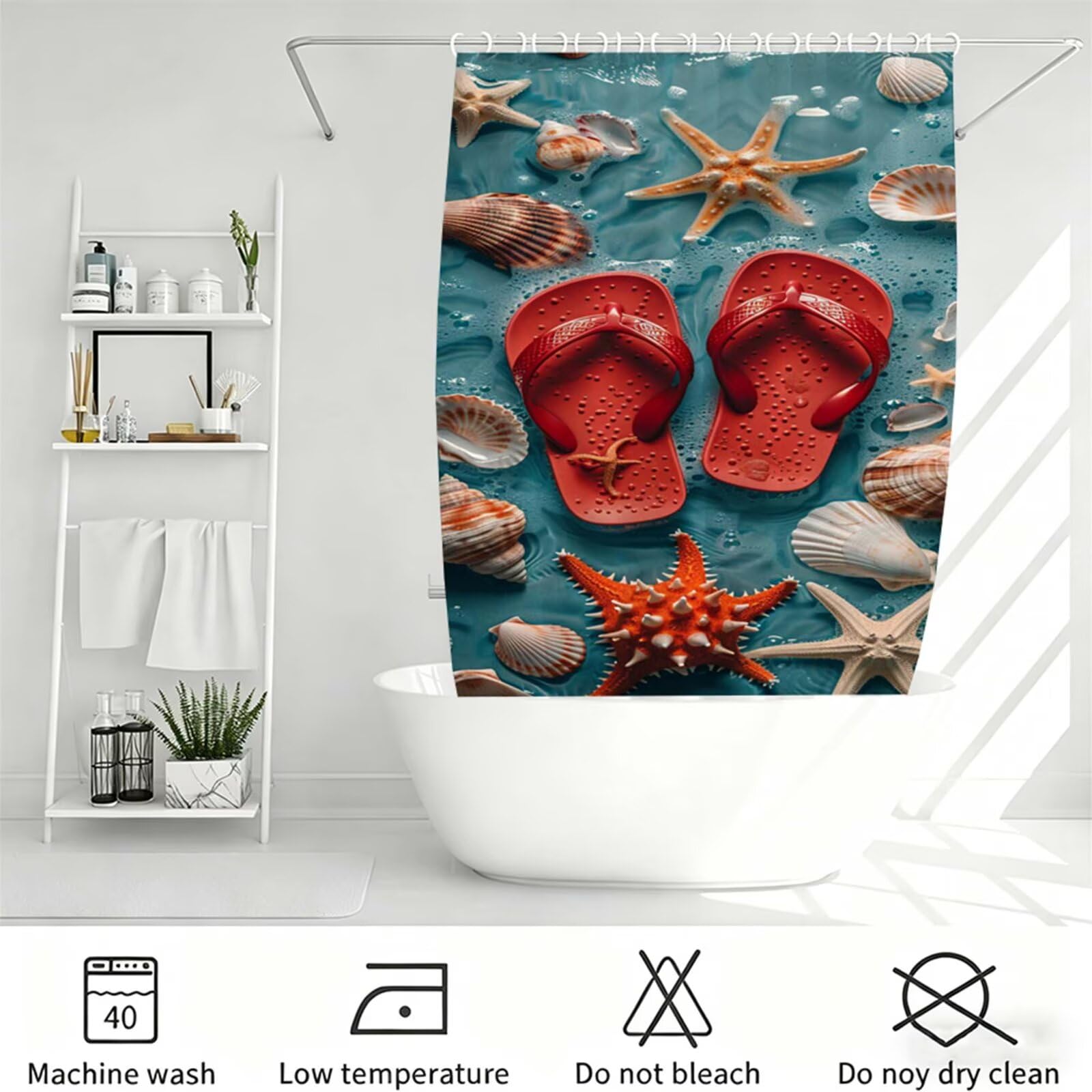 Turquoise Rideau Douche 150x200cm Polyester Lavable en Machine Imperméable Rideaux de Douche étoile mer avec œillets et 12 Crochets, Ourlet Lesté, pour Salle de Bain Domicile Baignoire Cabine J-761