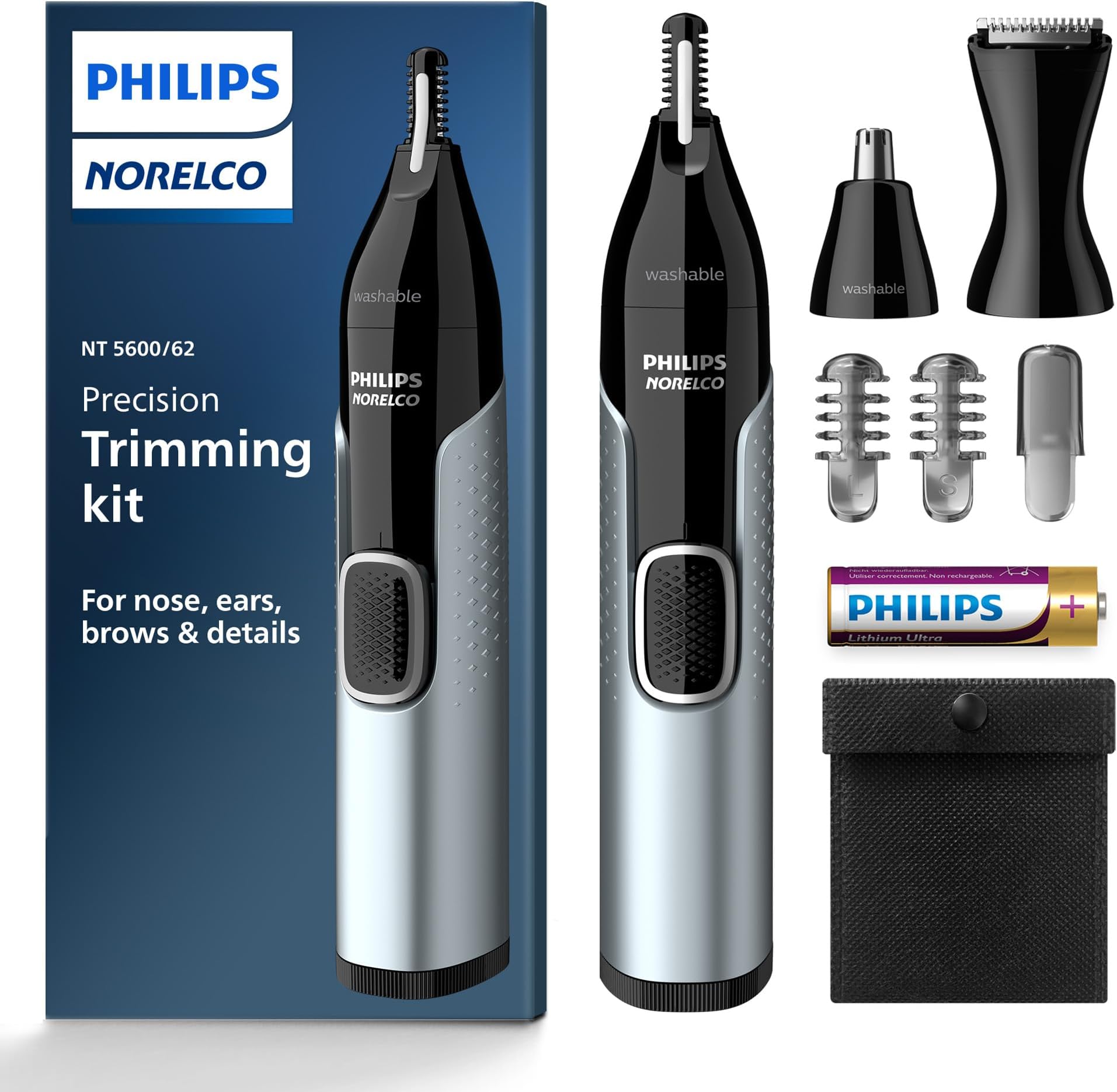 Norelco Men Philips Nose Trimmer 5000 For Nose, Ears, Eyebrows Trimming Kit, Nt5600/62, Black/Silver