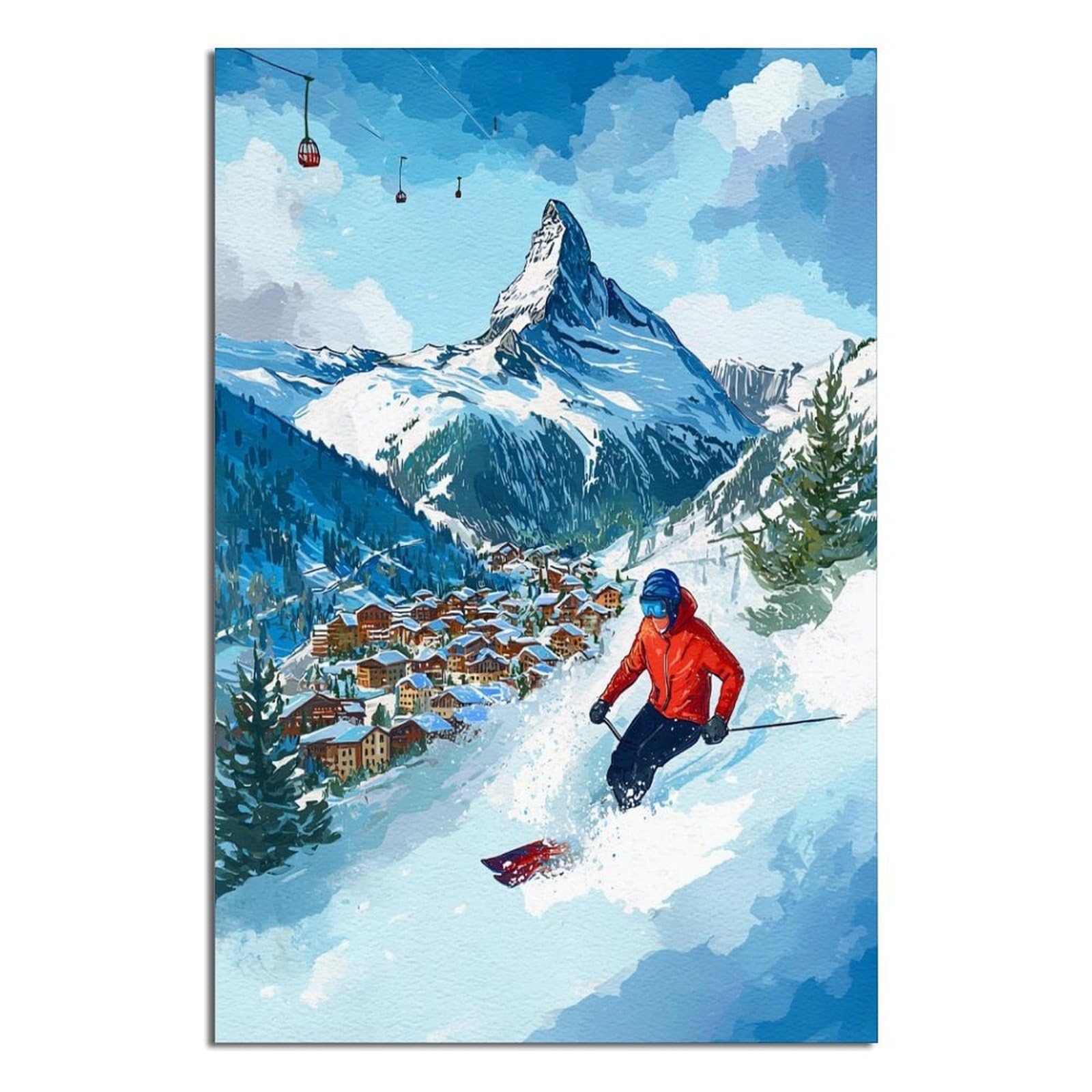 CFXNGA Zermatt Ski Poster 20x30inch(50x75cm) Vintage Watercolor Canvas Art