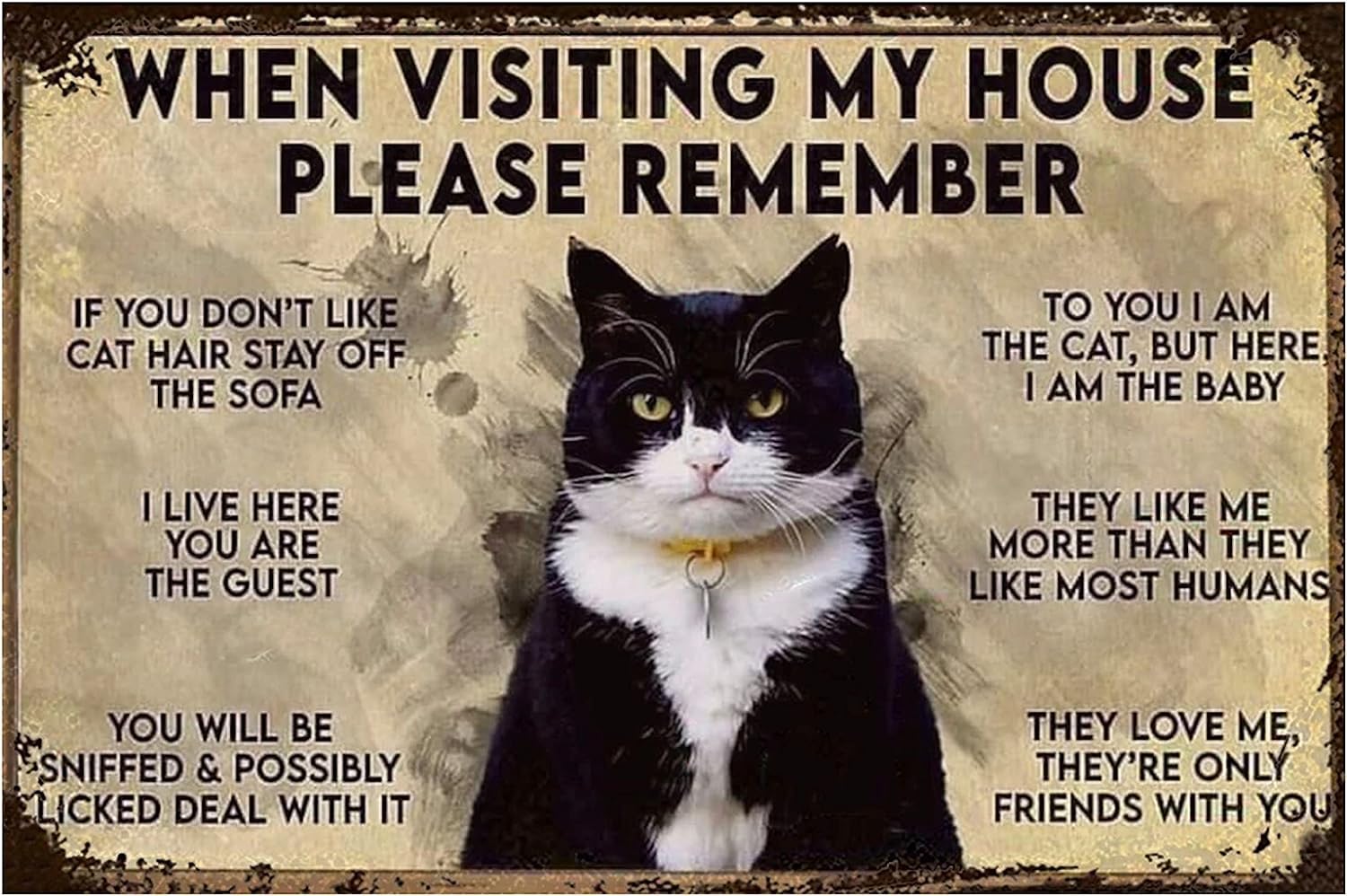 Houvssen Black Funny Cat When Visiting My House Plaque - Cat Lovers Metal Tin Wall Sign - Visitors Note Vintage Plaque 8X12 Inch