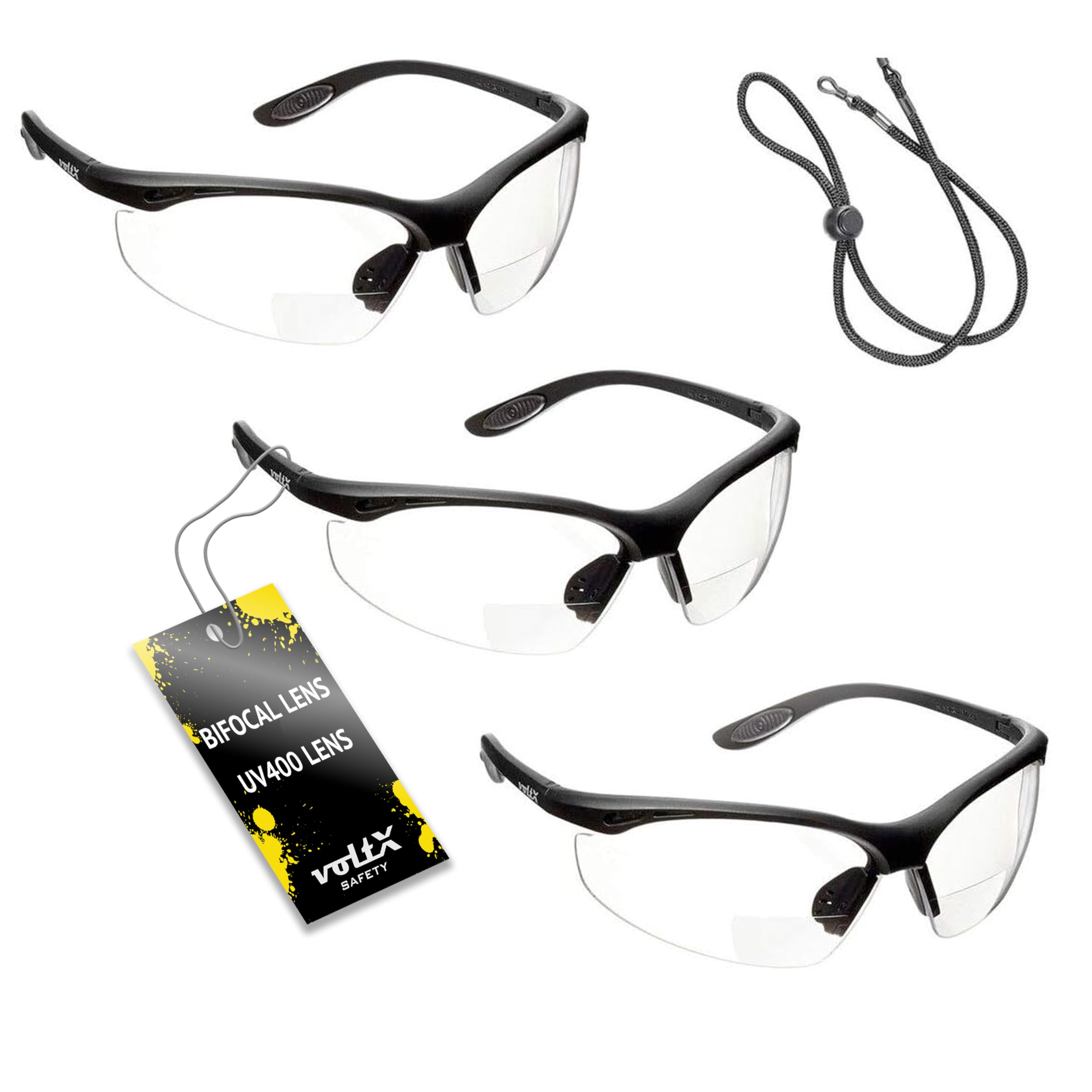 voltX 3 x CONSTRUCTOR Lunettes de Sécurité Bifocales +2,5 Transparentes | Certifiées CE EN166F. 3 paires, verres transparents UV400 antibuée. Cordon de sécurité inclus.
