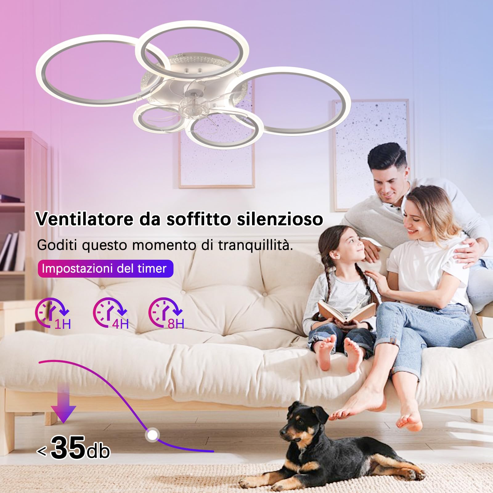 RGB Ventilatore da Soffitto con Luce Compatibile con Alexa 95cm | Reversibile Tempistica 6 Velocità,Dimmerabile Silenziosa Soggiorno Lampadario Ventilatore e Telecomando,Camera da Letto Sala