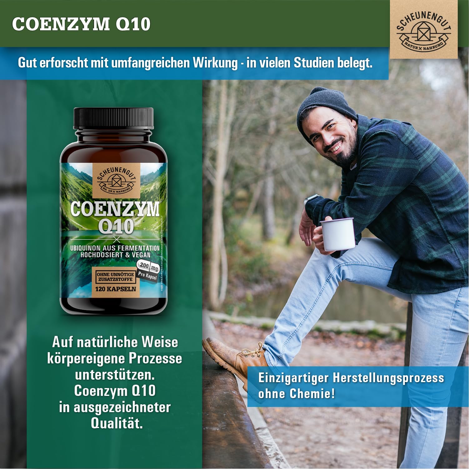 Q10 200mg je Kapsel - WICHTIG: Q10 Kapseln Hochdosiert mit bioaktivem Ubiquinon -Coenzym Q10 aus Deutschland- Laborgeprüft und Vegan 120Stk DE SCHEUNENGUT®