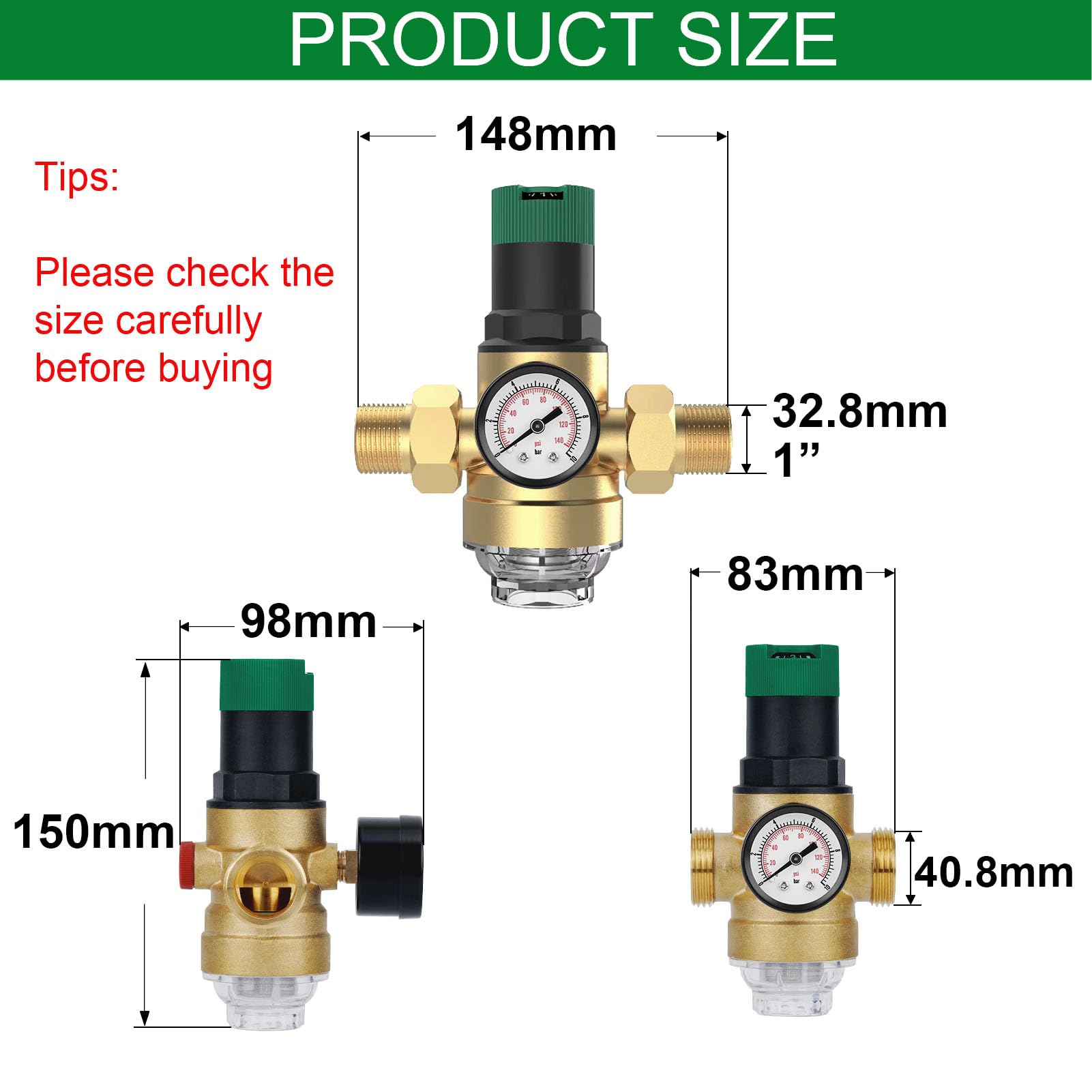 Druckminderer Wasser 1 Zoll, Druckregler Wasser mit Manometer und Siebfilter, Messing Wasserdruckminderer mit Verschraubungen, Sicher und Langlebig