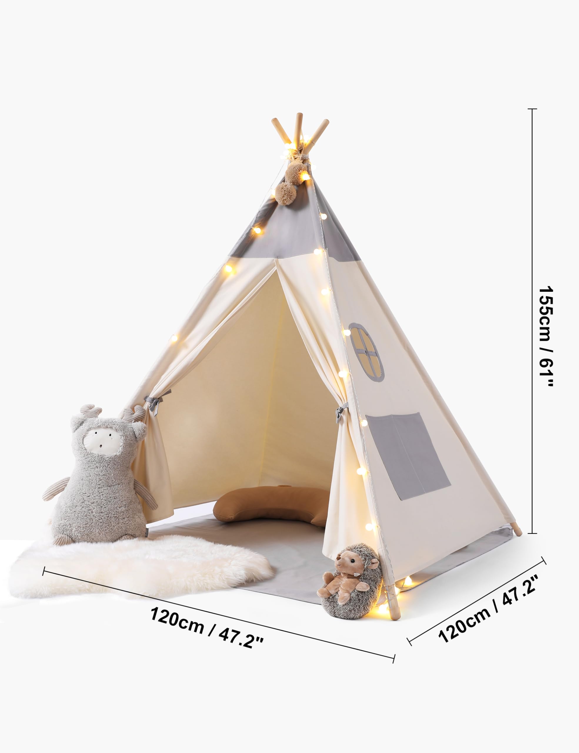 besrey Tenda per Bambini da Gioco in Tela Indiana Teepee in Cotone con Luci Fatate + Grigio Opaco