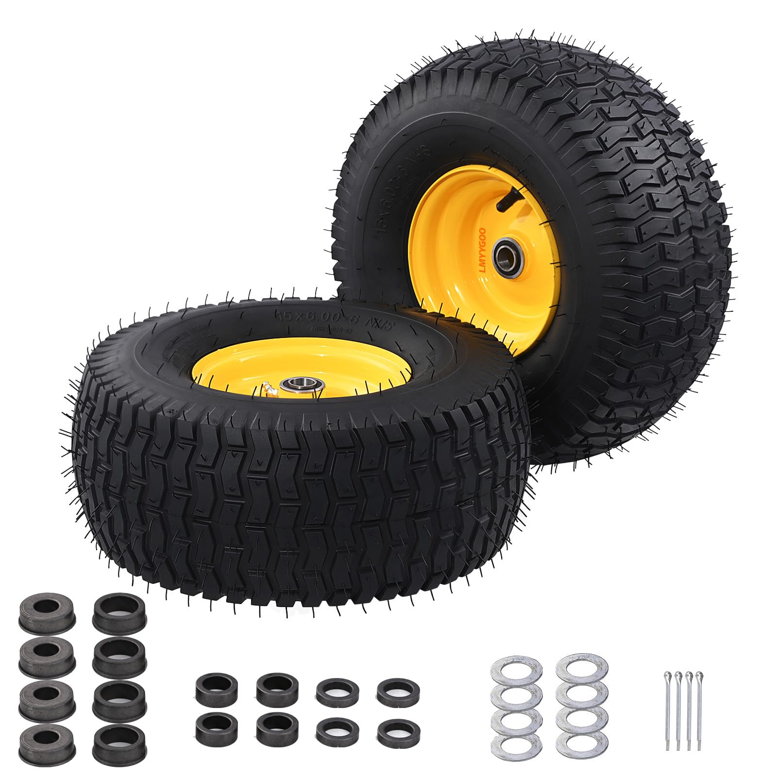 15x6.0-6 tubeless tire and wheel,2 pcs replacement riding lawn mower garden tractor front wheel tire with 3" offset hub, 3/4" & 5/8" bushing, 3"-4.5" centered hub