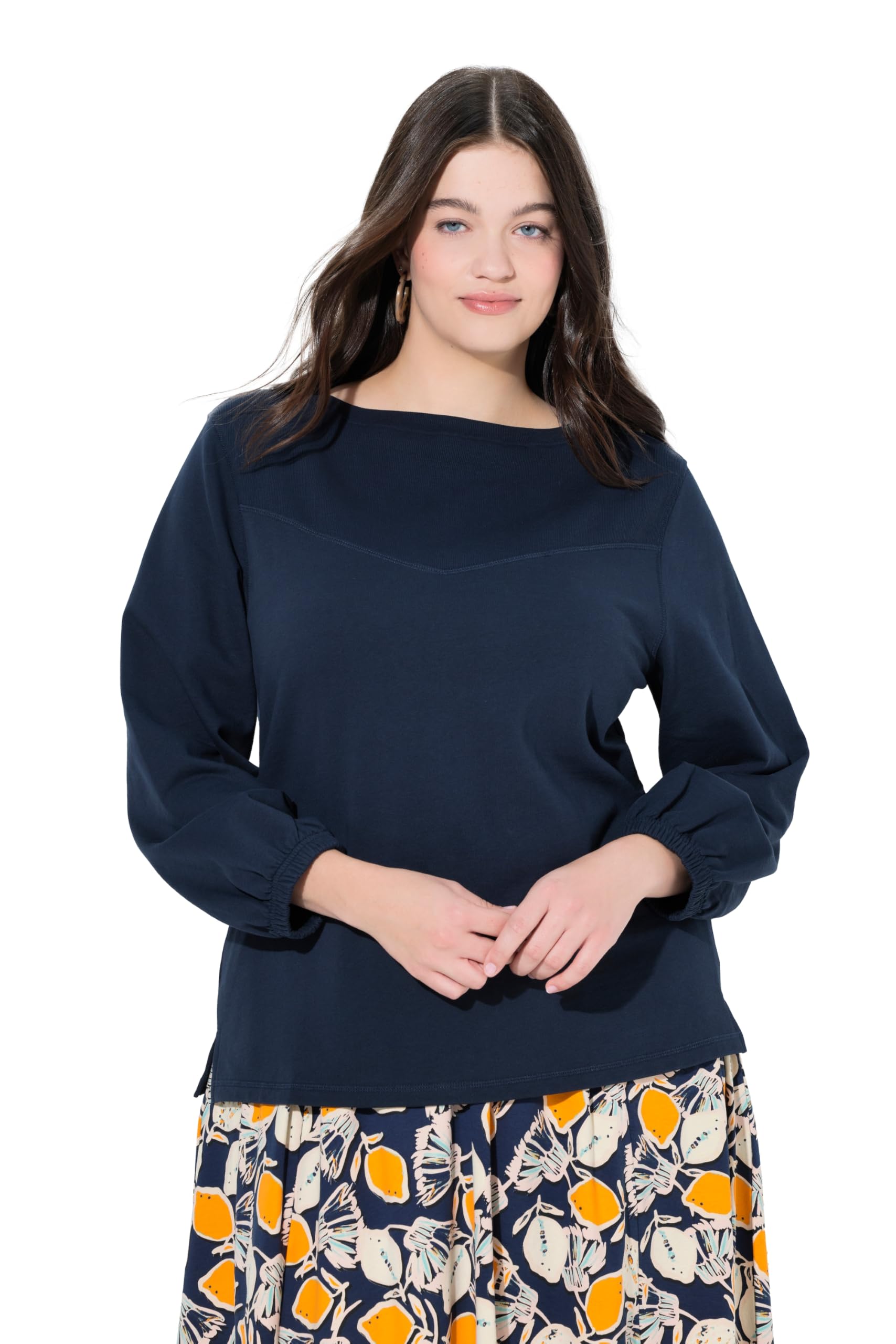 Ulla Popken Damen große Größen Übergrößen Plus Size Sweater, U-Boot-Ausschnitt, Ballon-Langarm, Biobaumwolle 847512