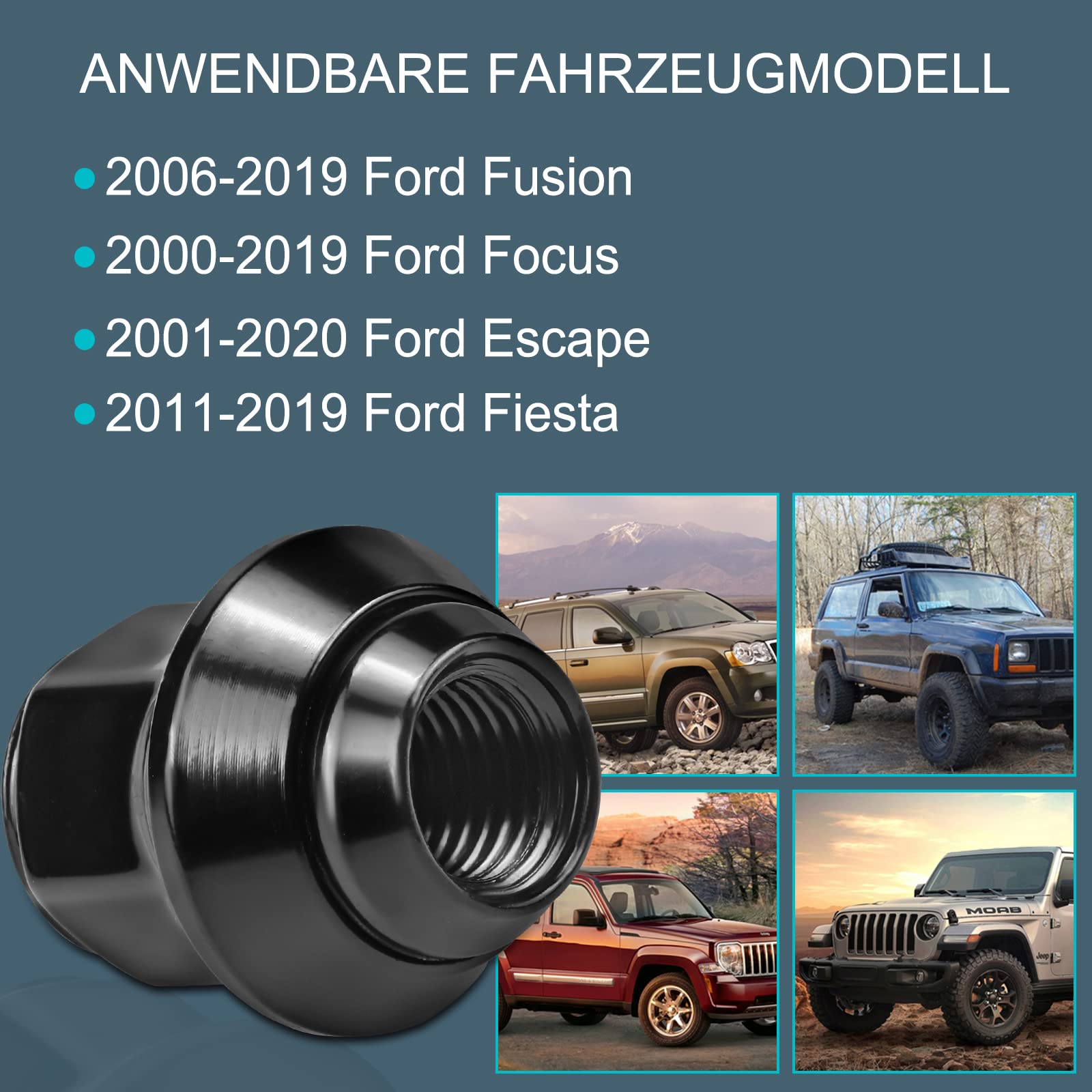 Dadi per ruota M12 x 1,5 nero, per la maggior parte delle ruote Ford Fiesta Focus Fusion, 20 pezzi, nero, estremità chiusa, M12 x 1,5 Lug Nuts