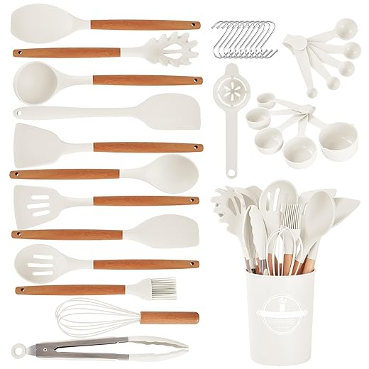 Kitchen Utensils Set - 34 PCS Non-Stick Silicone Cooking Utensils Set Spatula Set with Holder, Wooden Handle Spoon,Brush,Whisk Kitchen Gadgets Tools Set for Nonstick Cookware (Cream White-34P)