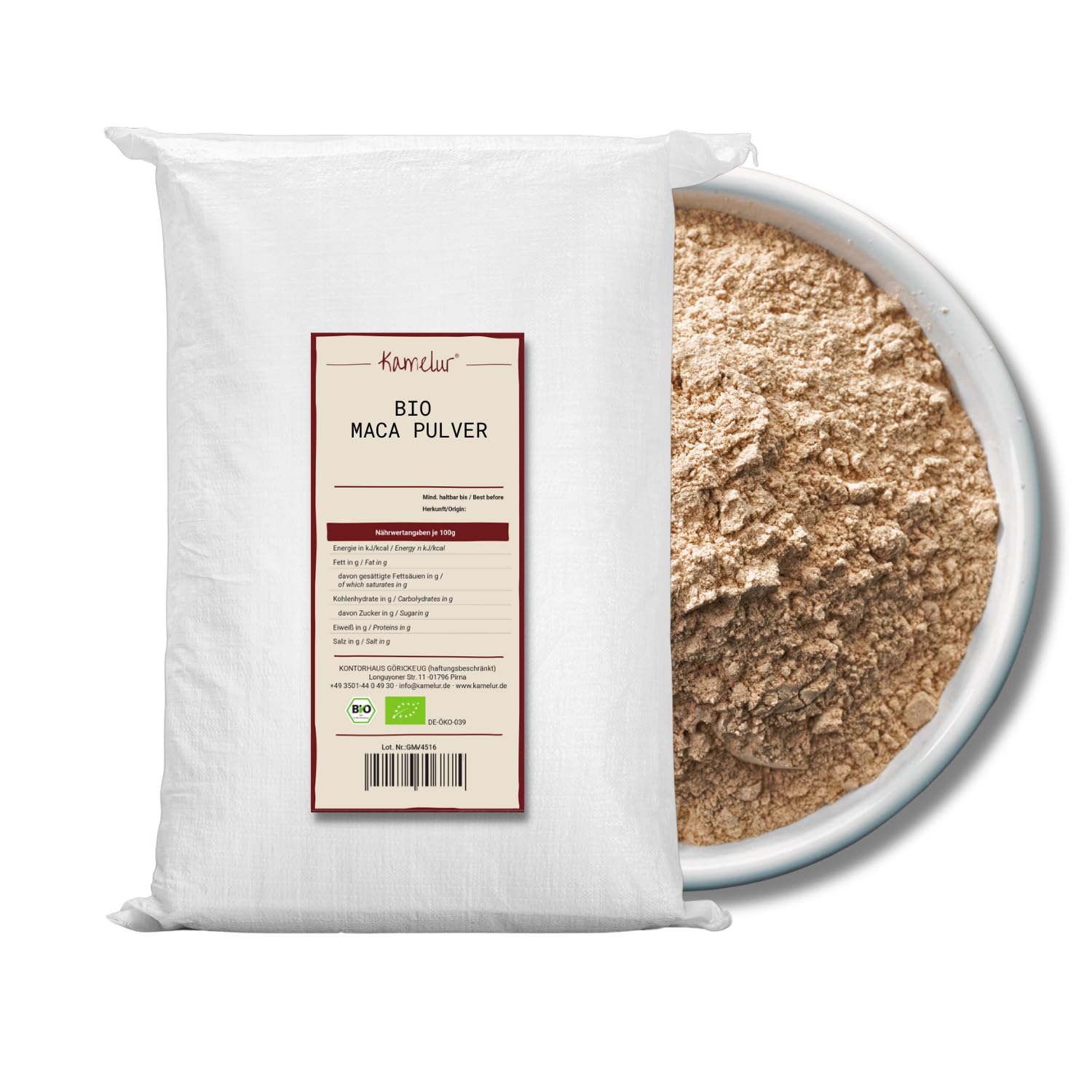Kamelur Poudre de maca bio 20 kg en gros contenant, du Pérou, crue et finement moulue, poudre de maca bio de qualité supérieure à base de racine de maca