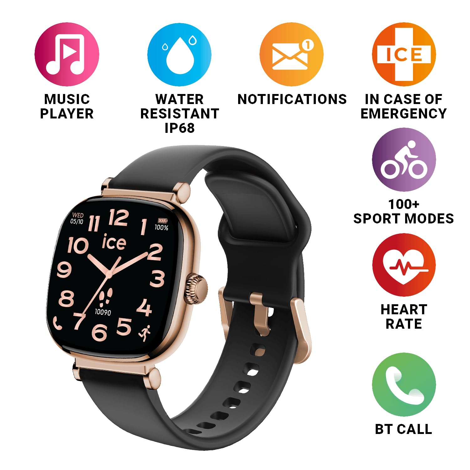 Ice-Watch - ICE smart SQ 2.0 Rose-gold Black - Różowo-złoty smartwatch damski z silikonowym paskiem - 025890 (1,2 cala / 37mm)