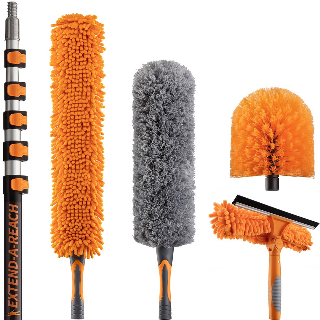 30 Foot High Reach Duster Kit with 5-24 ft Extension Pole // High Ceiling Dusting and Window Cleaning Kit with Telescopic Pole // Window Washer & Squeegee, Cobweb Duster, Fan Blade and Feather Duster