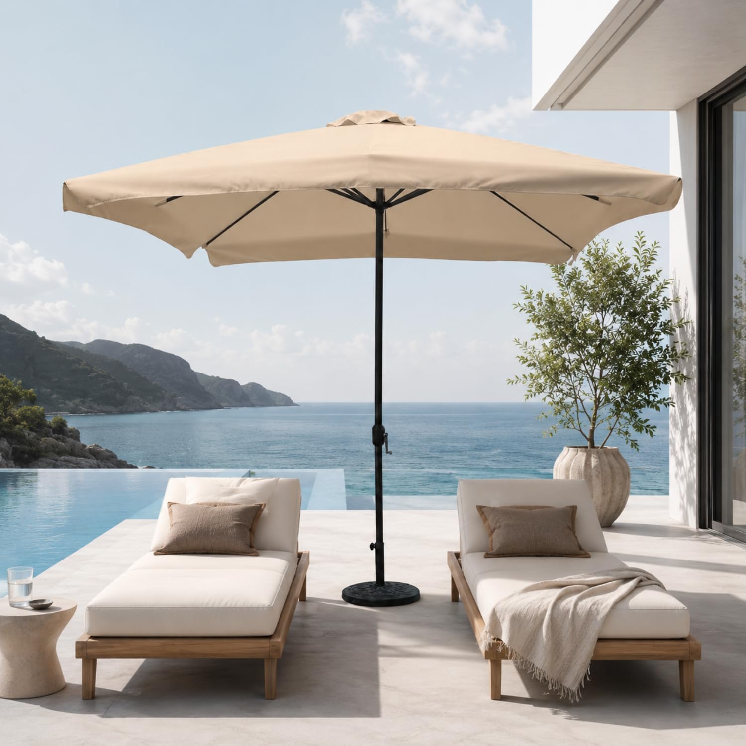 Ombrellone Quadrato Da Giardino Con Tela Resistente In Poliestere Cotone Apertura A Manovella Supporto In Acciaio Per Terrazzo Patio Bordo Piscina Zona Relax 3x3 Metri Tortora