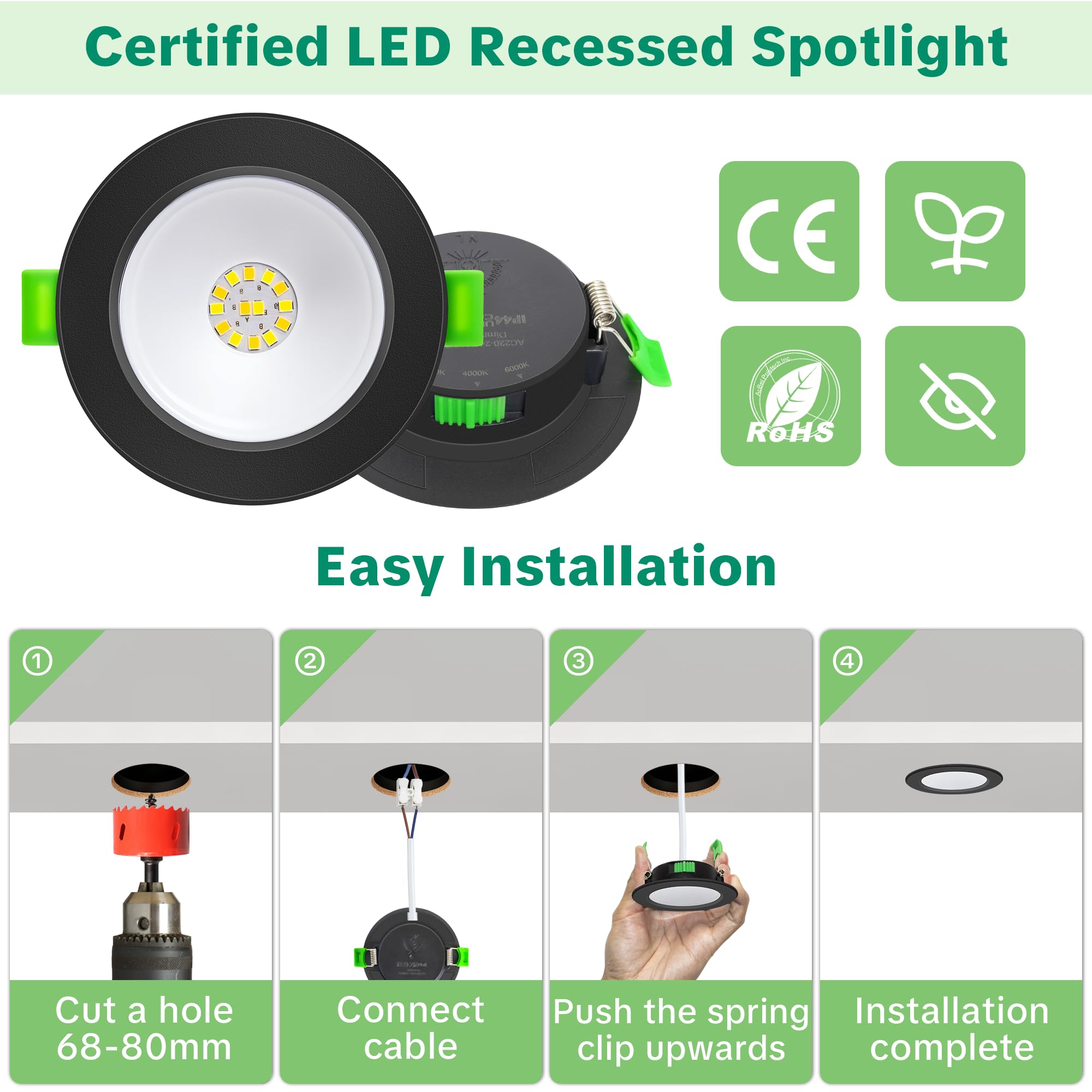 Downlight LED Techo Empotrable Extraplano Regulable 230V, 5W 650LM Focos LED Empotrables Techo Blanco Cálido Blanco Neutro Blanca Frío, IP44 Ojos de Buey, Corte 68-80mm, Negro 10 Pack
