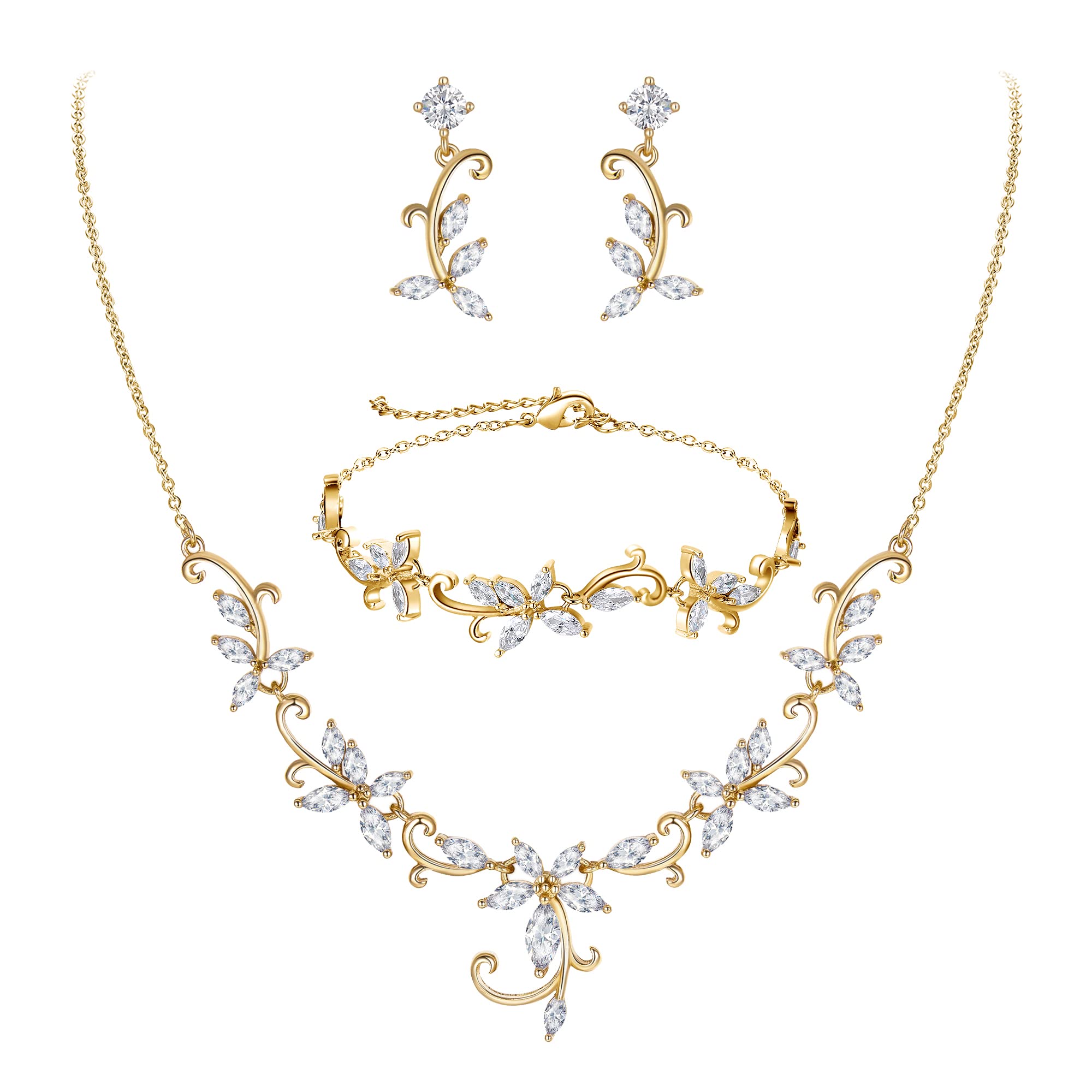 Braut Schmuck-Set für Damen Marquise Zirkonia CZ Statement Halskette, Ohrringe und Armband-Set für Hochzeit Party Klar Silber-Ton