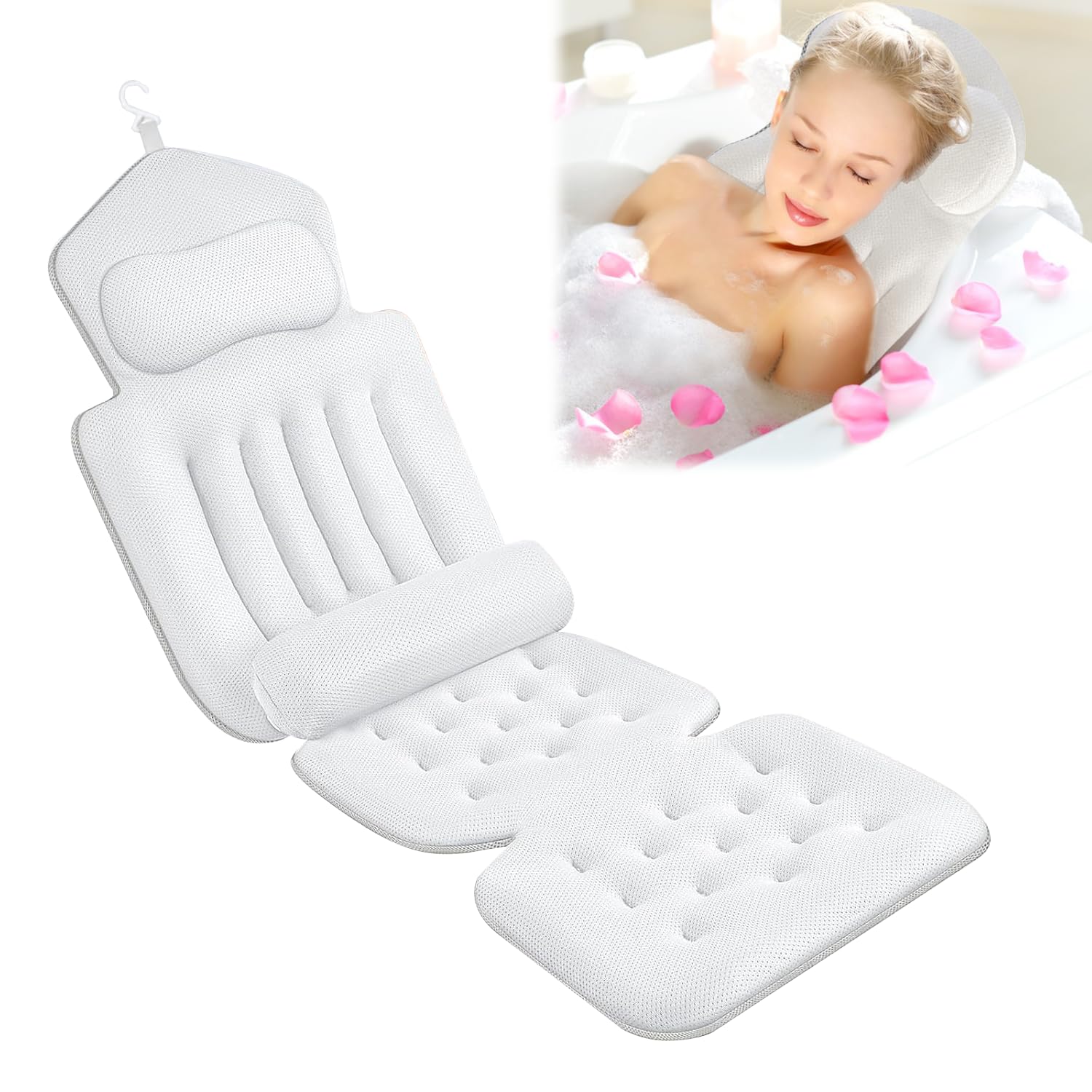 Badewannenkissen Ganzkörper-Badekissen, Badewannenkissen mit Nacken und Lendenkissen, Badewannenmatte mit Kopfstütze stützt Nacken und Rücken für tägliche Entspannung und Stressabbau Weiß