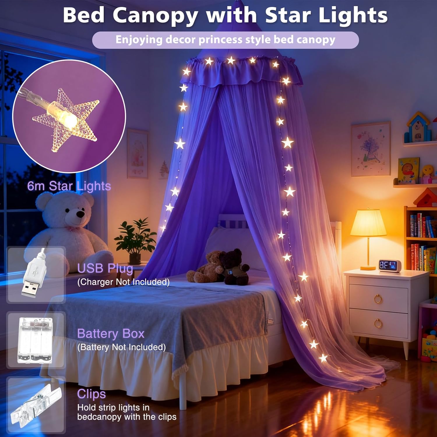 Bed Canopy with Star Lights, Double Layer Bed Canopy for Girls, Princess Canopy Bed Curtain for Twin Bed, Breathable Kids Dreamy Play Tent Castle Reading Nook, Machine Washable, 26''x125'' - Pruple