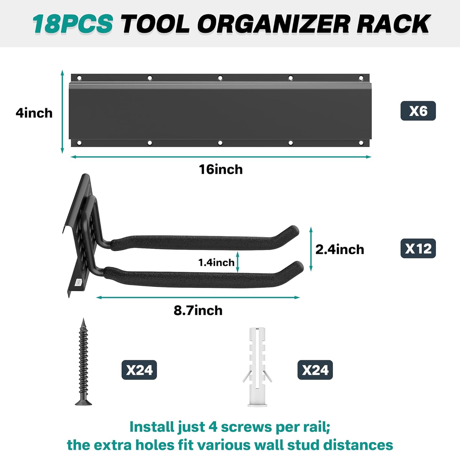 EVERHANGER Garage Tool Storage Organizer, Wall Mount Garden Tool Rack Organization, Heavy Duty Folding Chair Hangers with 12 Adjustable Hooks, Max Load 900lb, 96inch - Image 2