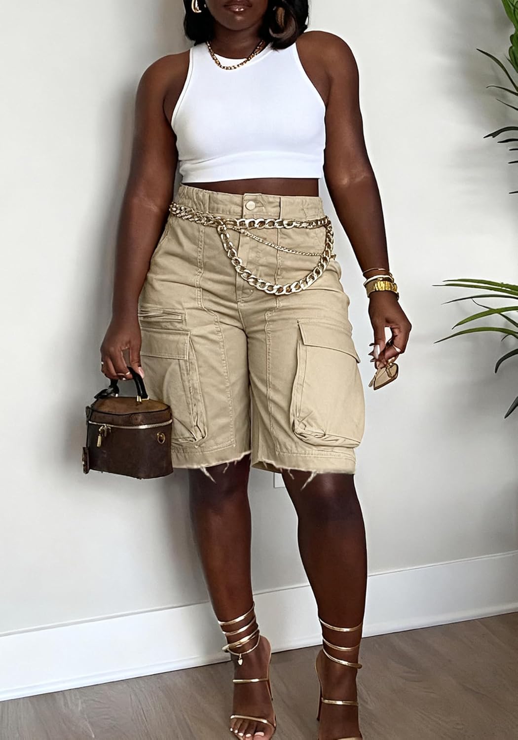 LETSVDO Women's Cargo Jean Shorts High Waisted Straight Leg Bermuda Casual Baggy Long Denim Shorts with Pockets