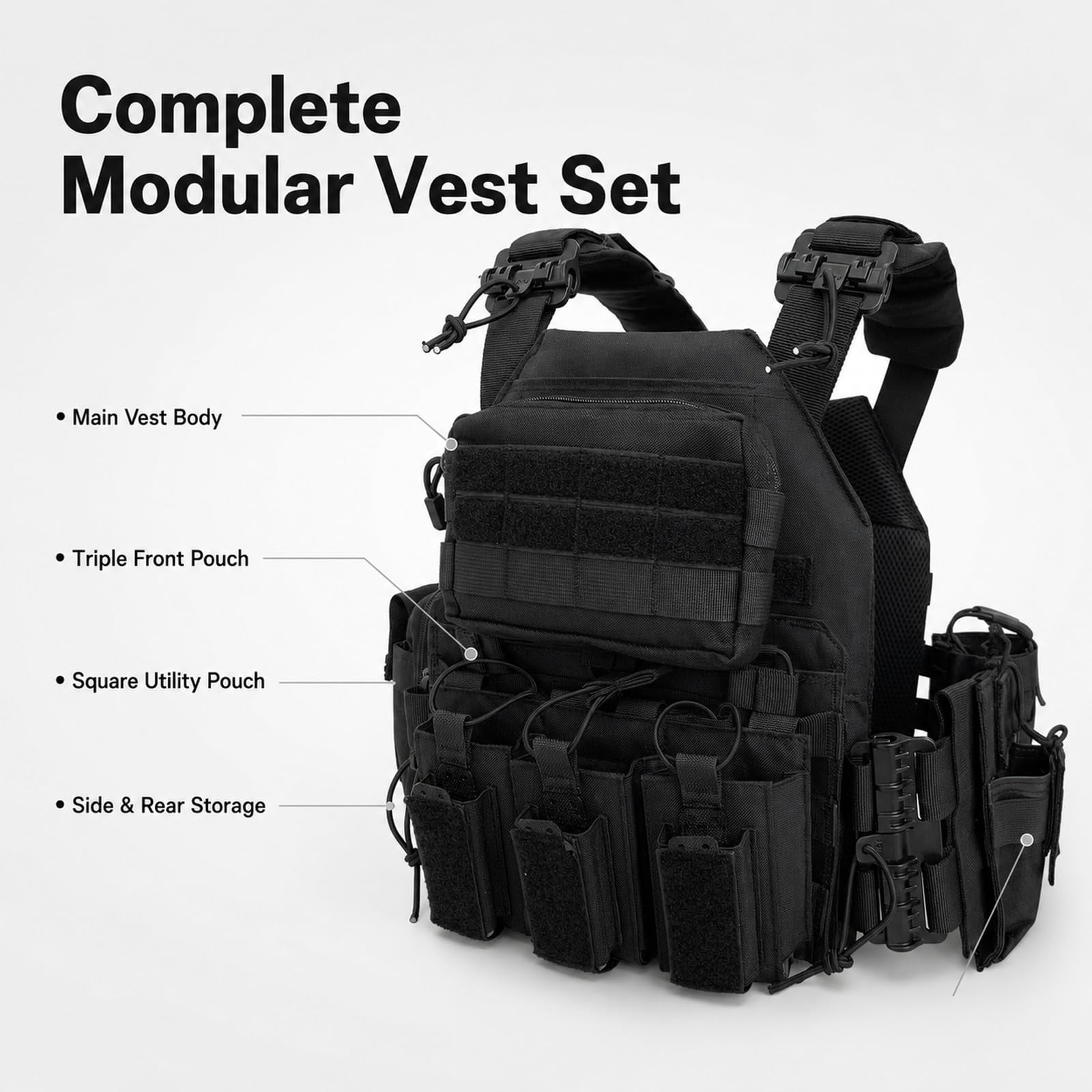 Genérico Arnes de Carga Modular Kit, Chaleco de Pecho Airsoft Ajustable | Incluye Base Bolsa Triple Bolsa Cuadrada Pequena Bolsa Smartphone Bolsa Radio y Bolsa Trasera de Carga Utilidades