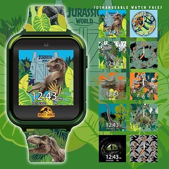 Jurassic World Kids Smart Watch - 10 Watch Faces, 3 Wallpapers, Interactive Games, Alarm, Camera, Voice Recorder, Calculator, Pedometer, Fits 5.5-8.0 Wrists