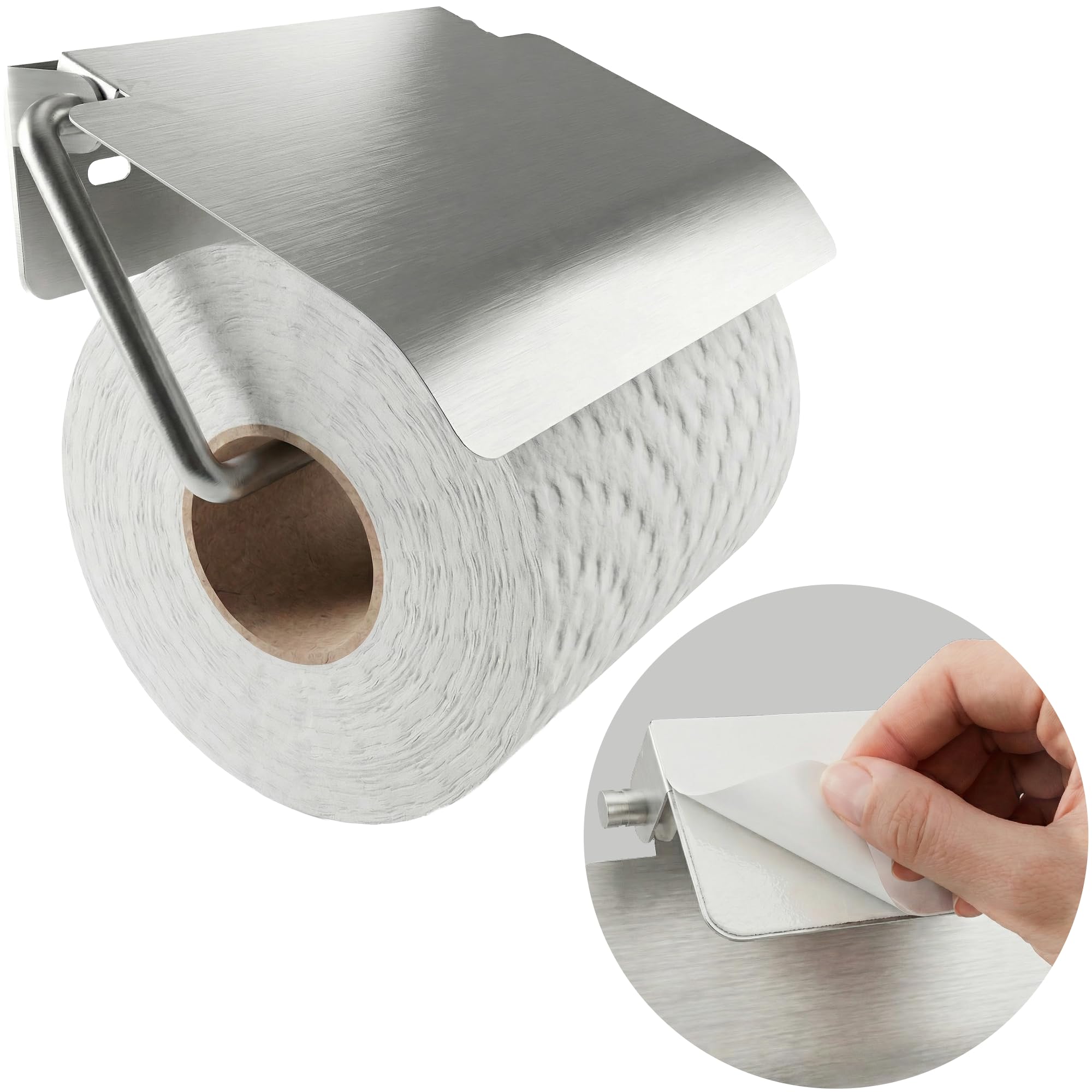 Minismus toilettenpapierhalter mit Abdeckung, hält die Rolle trocken und sauber, klopapierhalter mit starkem Klebe-Pad für bohrfreie Montage und Wandschrauben für stabilen Halt (Gebürsteter Stahl)