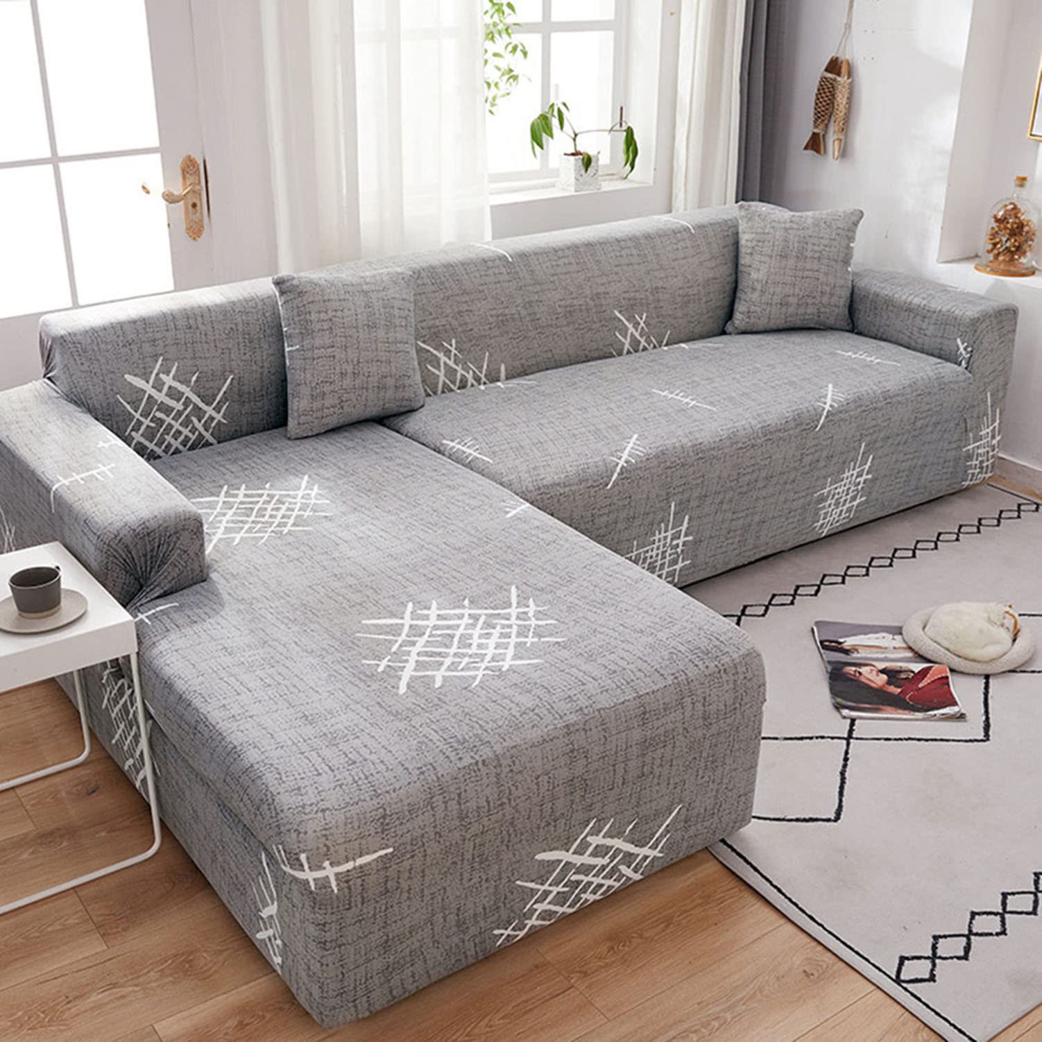 Housse de canapé en L extensible et imprimée au fini textile premium et chic