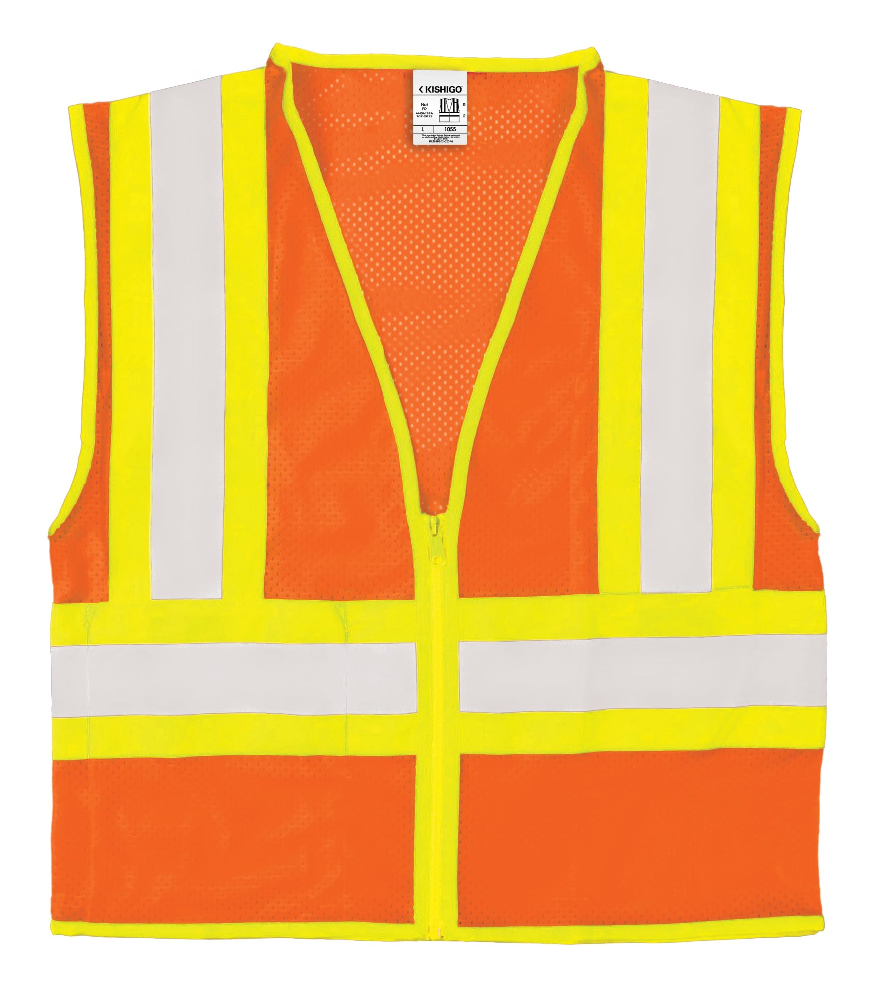 Kishigo Unisex High Visibility Reflective Contrasting Mesh Vest 1055, Zipper Closure, Polyester, ANSI 107 Type R / Class 2, Construction, Roadwork, Warehouse, Utility, Factory (Orange, 2X)