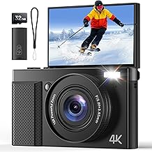 4 K Digital Camera 64MP AutoFocus Photo Camera 16 X Digital Zoom 180  Folding 3 Inch IPS Screen 32GB Card for Vlog - Black Webcam Camera for Children Teens Beginners Adults