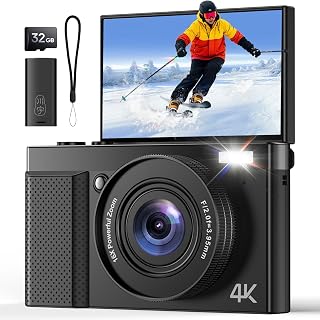 4K Digitalkamera 64MP AutoFokus Fotokamera: 16X Digitalzoom 180° Klapp 3IPS Bildschirm 32GB Karte für Vlog - Schwarz Kamera - Geschenk Anfänger Teenager Kids - Amazon product rated Grade A