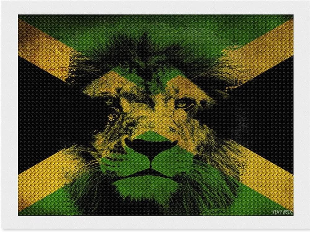 QAZWSX Jamaican Flag King Rasta Lion Diamond Painting Kits DIY Painting by Numbers for Men Women Kids Home Wall Decor Full Round Drill Crystal Canvas Paintings 12x16 Inch