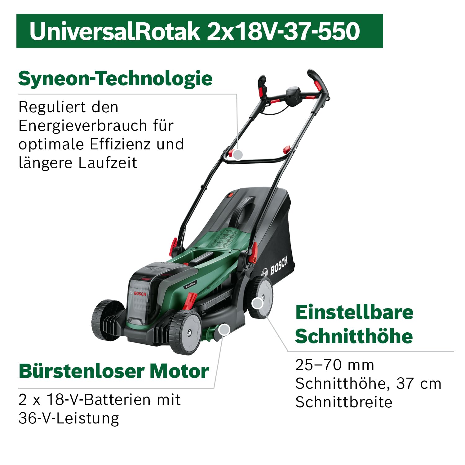 Bosch Akku-Rasenmäher UniversalRotak 2x18V-37-550 (bis zu 500 m2 mit 2X 4,0 Ah Akku); 18 Volt System; Schnittbreite: 37 cm; 2X 18V 4,0-Ah-Akku und Ladegerät